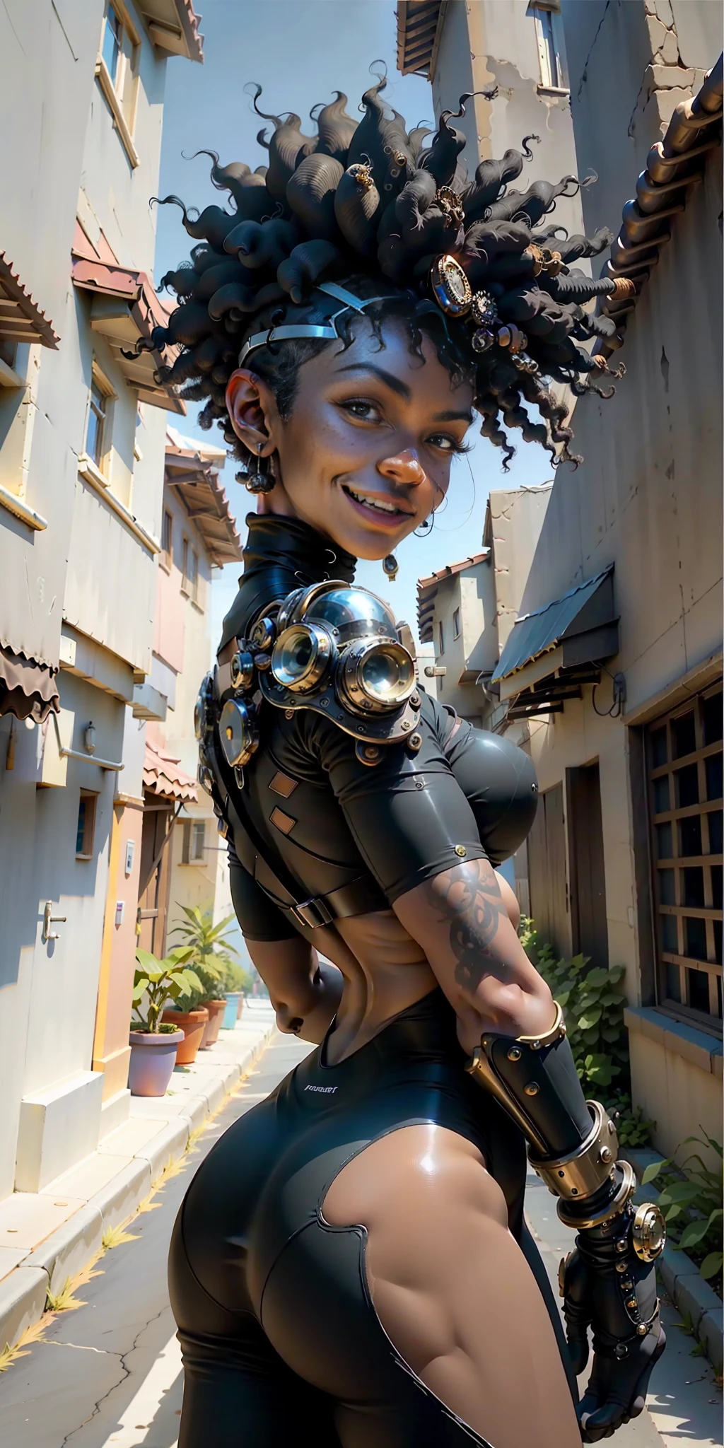 chef-d&#39;œuvre, meilleure qualité, une femme noire à la peau foncée avec un tissu transparent, dans une rue déserte la nuit, Coupe de cheveux afro asymétrique, ventre, sourire, (style steampunk), des embauches ultra folles, détails extrêmement complexes, écart dentaire, cul rond HDR, Éclairage naturel, ombrage volumétrique, pose dynamique, Hyper réaliste, éclairage réaliste, ombres dramatiques, concentration intense, contraste élevé, ombres dramatiques of dramatic perspective