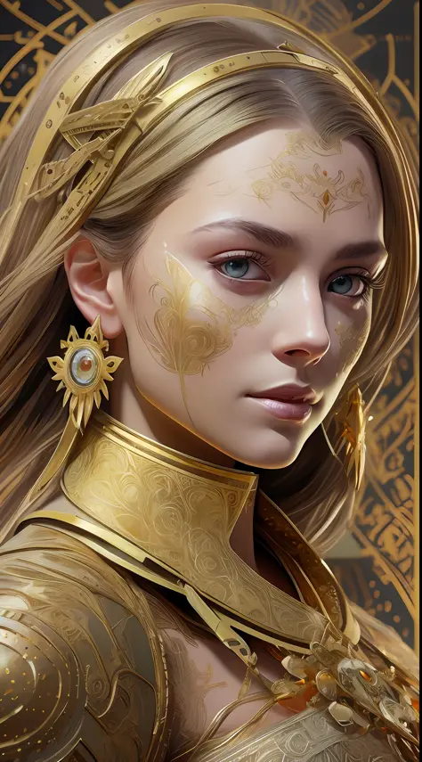 Mercy overwatch,Beautiful portrait of a gorgeous Princess, beautiful princess, round shaped face, round button nose, glowing glass skin, sparkling hazel green eyes, highlighted chestnut brown long straight hair, adorned in intricate golden jewelry, confide...