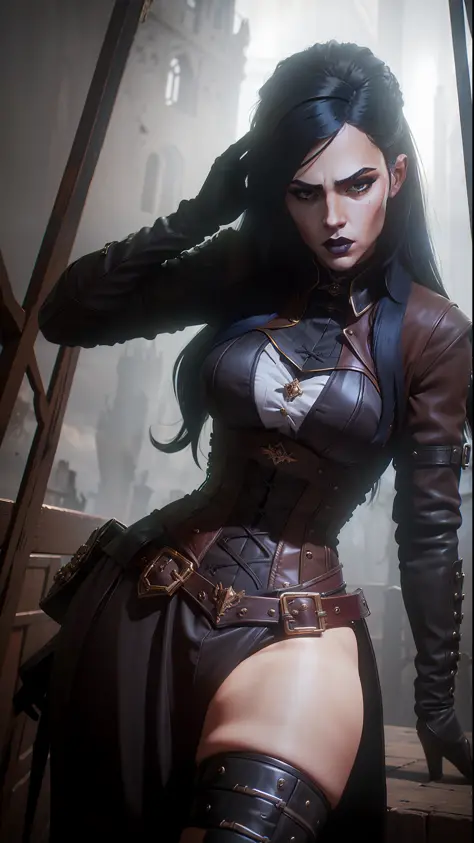 ((Best quality)), ((masterpiece)), (highly detailed:1.3),a woman long hair, bangs, leather corset, black lipstick gloves grotes, gothic scenery, serious look