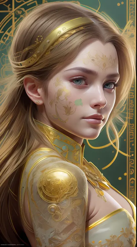 Mercy overwatch,Beautiful portrait of a gorgeous Princess, beautiful princess, round shaped face, round button nose, glowing glass skin, sparkling hazel green eyes, highlighted chestnut brown long straight hair, adorned in intricate golden jewelry, confide...