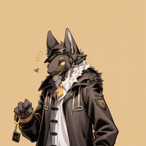 single, shaggy male, dark gray fur, golden eyes, trench coat, holding a cane, canine