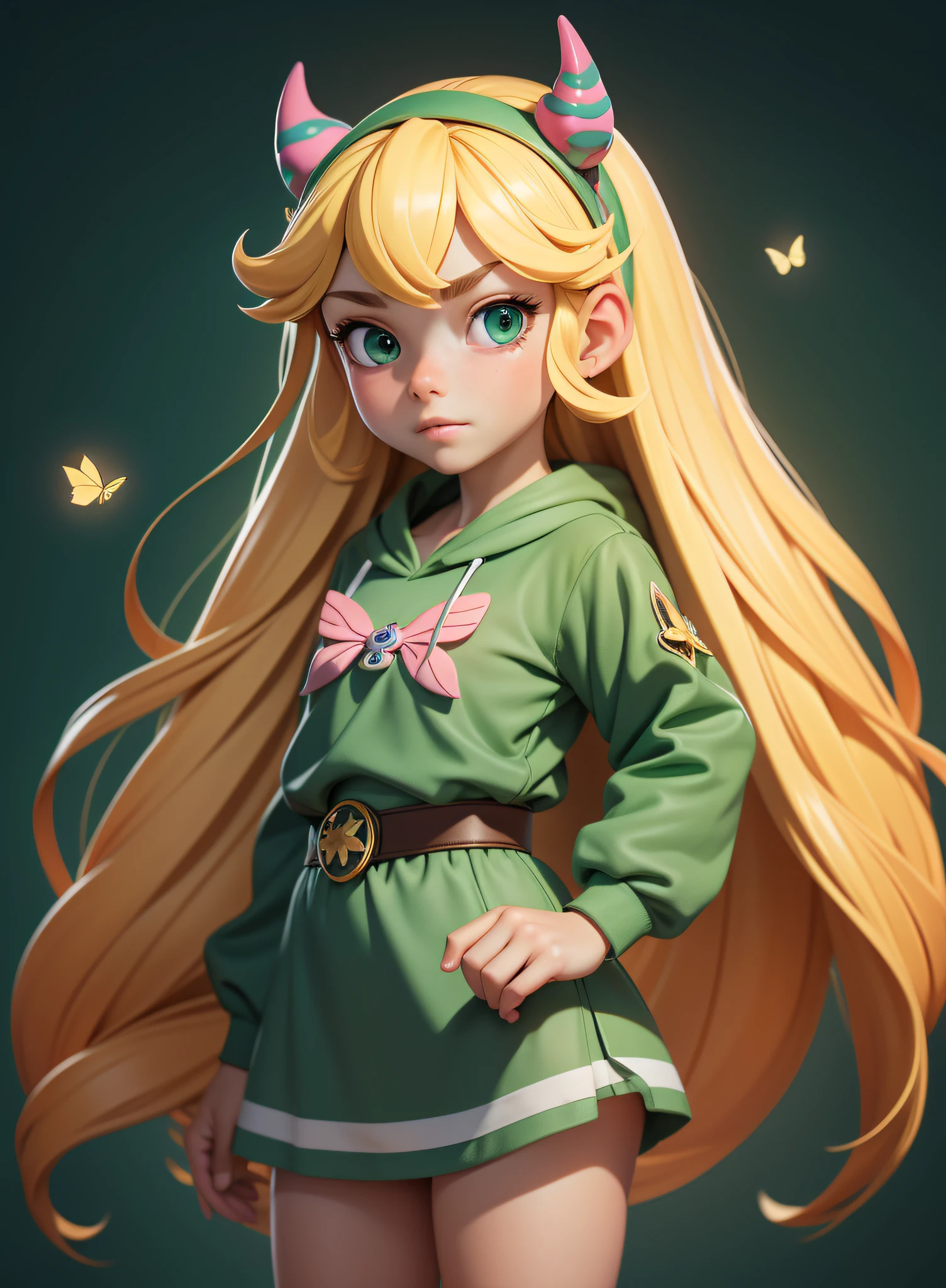 masterpiece, high resolution, image, best quality, 8k, best quality, ultra detailed, solo, 1girl, 1girl,Child, 12 years old, butterfly star, hair band with small horn, green squid outfit, small breasts, long hair, blonde hair,