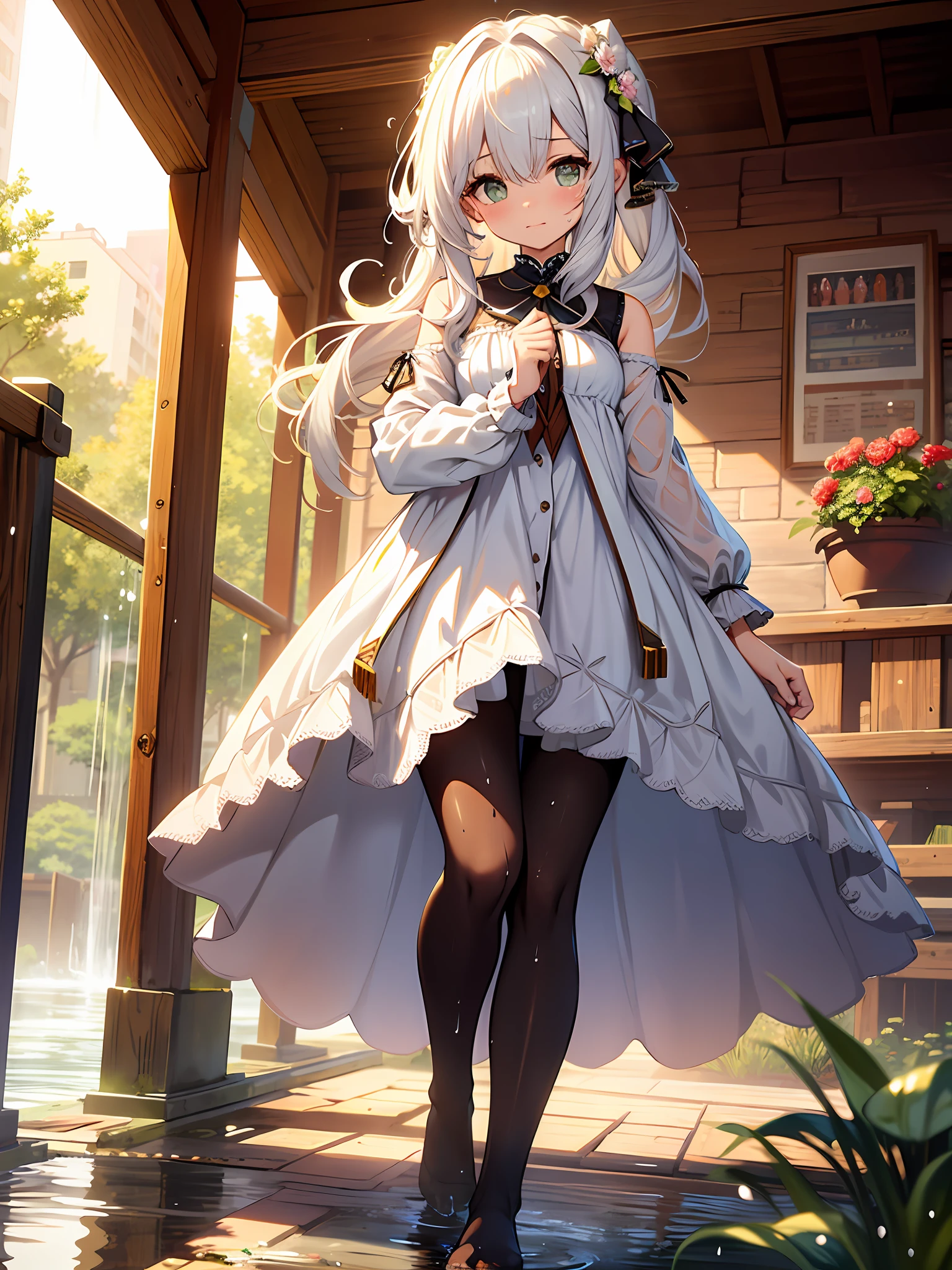 ((Best Quality, 8K, Masterpiece: 1.3)), {{Masterpiece}}, Illustration, Best Quality, Extremely Detailed CG Unity 8k wallpaper, 1girl_solo, full_body, from_below, looking_at_viewer, looking_down, (White pantyhose: 1.3), (Without shoes: 1.3), white hair,  (exposed dress:1.3), hair_ribbon, Strong edge light, garden, flowers, rain, clothes splash, (wet clothes:1.5),