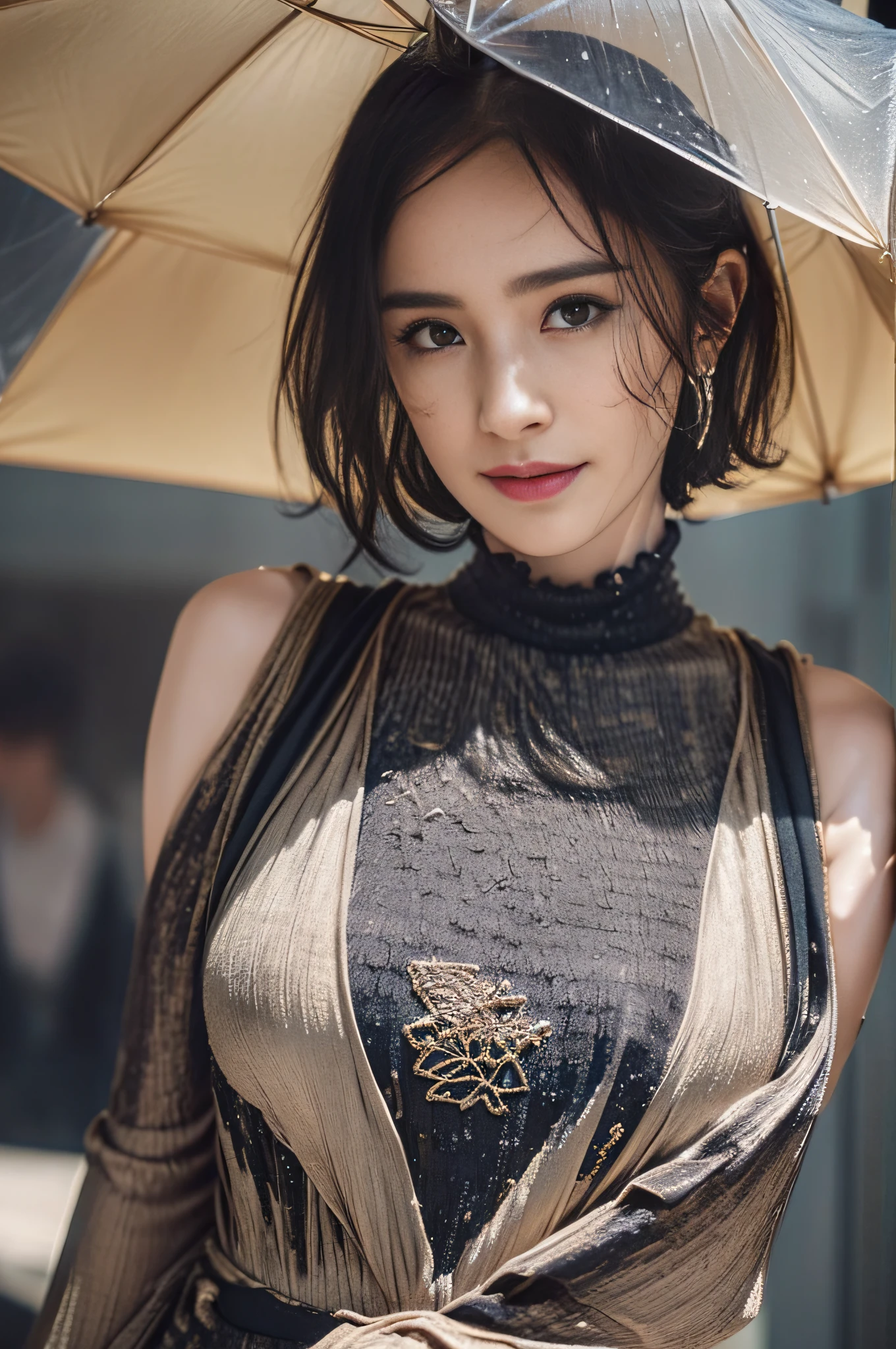 20 year old surreal idol, ultra-thin sleeveless maxi dress, nipple ring, smiling smile, short layer hair, walking without noticing the camera, city in heavy rain, wet from rain, wet clothes stuck to body, RAW,(8k, best quality, masterpiece: 1.2),(intricate detail: 1.4),(photorealistic:1.4),octane rendering, complex 3D rendering ultra detail, studio soft light, rim light, vivid detail, super detail, realistic skin texture, detail face, beautiful detail eyes, very detailed CG Unity 8k wallpaper, makeup, (detailed background: 1.2),