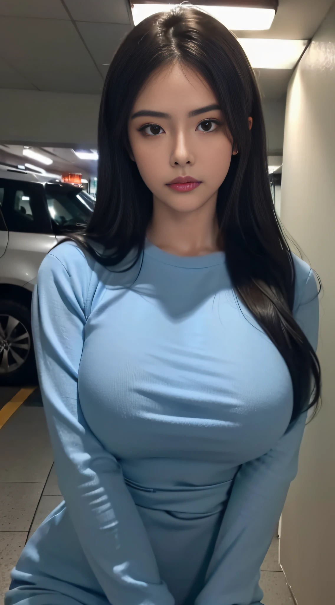 (Extremely detailed, underground parking, fine, slightly fat, busty, big breasts, big breasts, M cups, sexy, blue crewneck dress, conservative, refined face, large aperture, close-up of people)