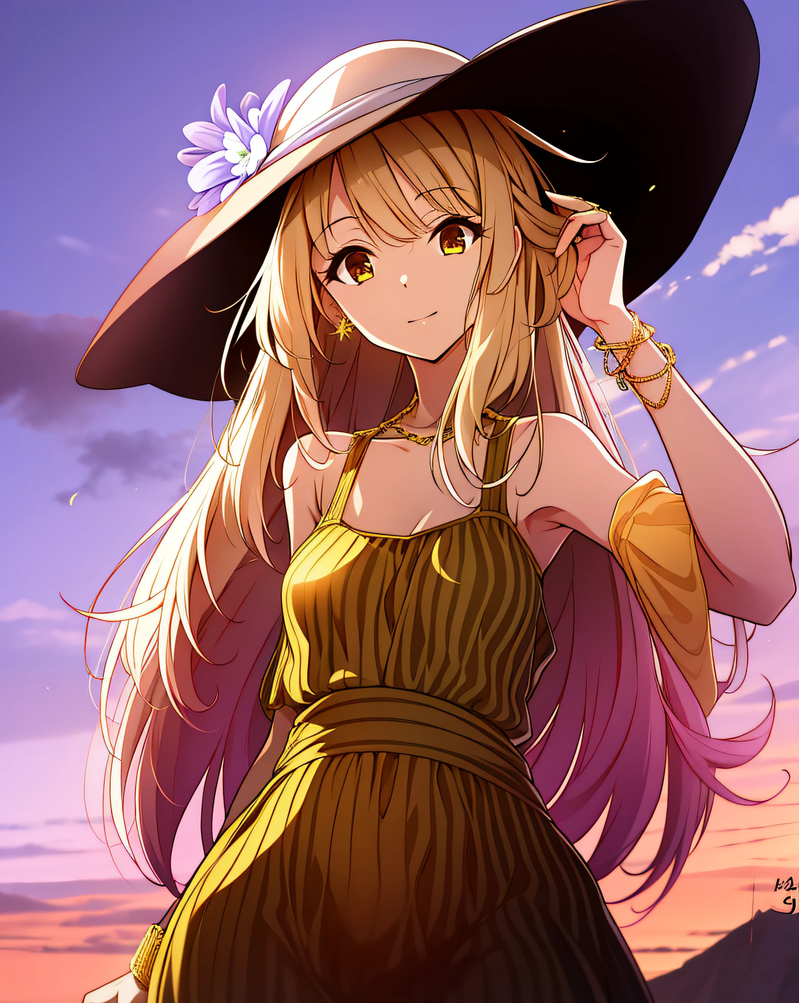 Long dress, sun hat, bracelet, golden eyes