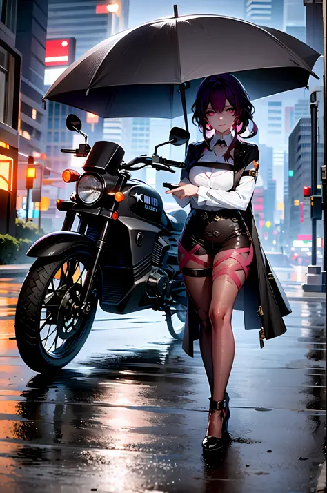 1girl, dress, jacket, rain, ground vehicle, helmet, mecha, motor vehicle, motorcycle, on motorcycle, vehicle focus, wheel, night...