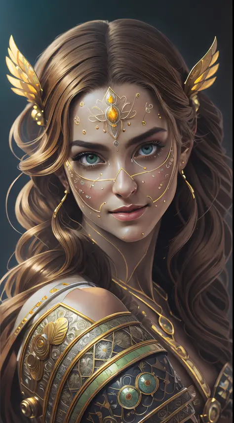 Mercy overwatch, Beautiful portrait of a gorgeous Princess, beautiful princess, round shaped face, round button nose, glowing glass skin, sparkling hazel green eyes, highlighted chestnut brown long straight hair, adorned in intricate golden jewelry, confid...
