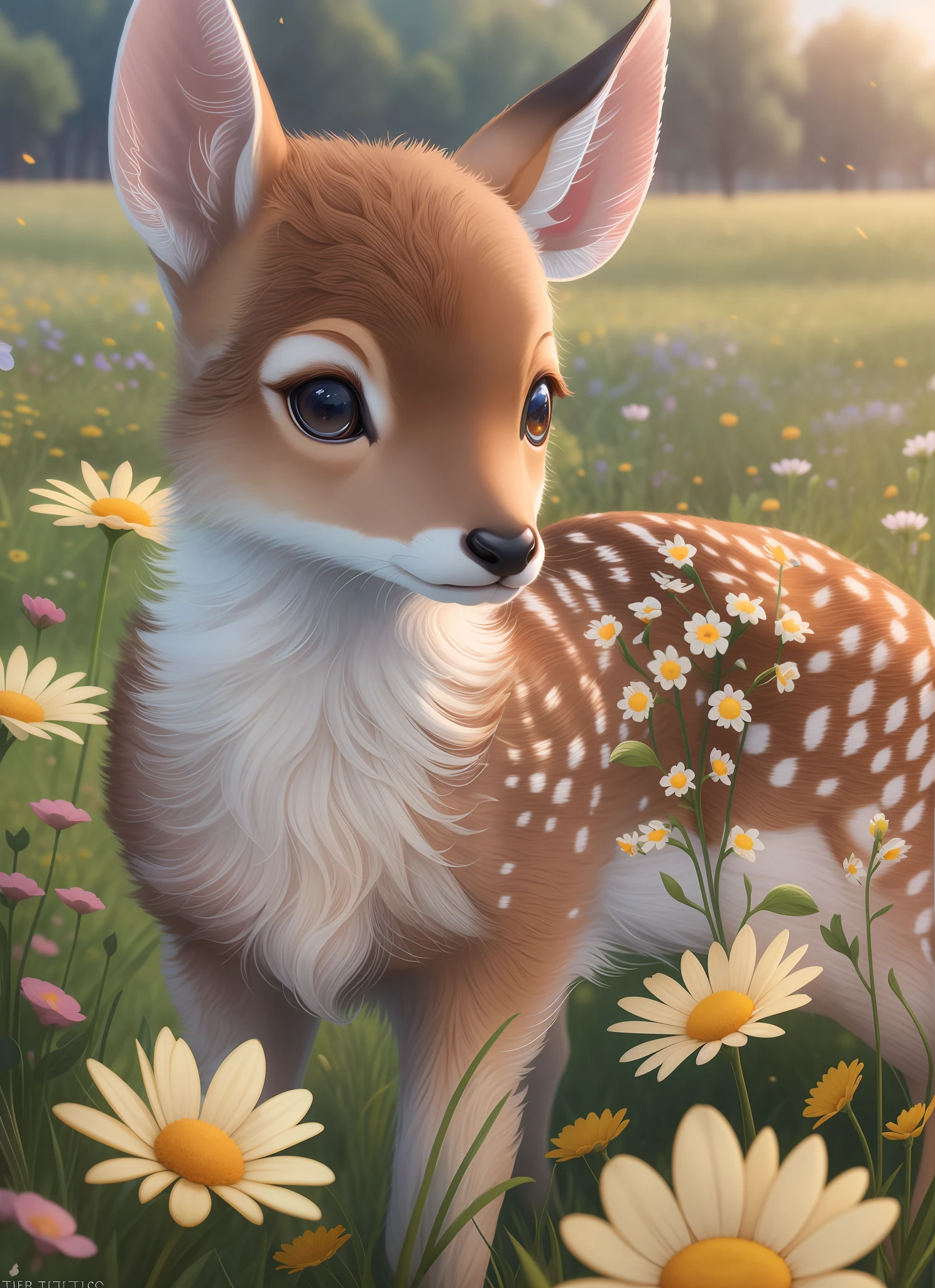 a drawing of a cute little baby deer surrounded by beautiful flowers in a meadow, 8k resolution concept art( intricate details:1.2), beautiful eyes, sunlight, (high quality:1.2), trending on artstation, 8k, absurdres, chibi, extremely detailed fur,(close up:1.1)