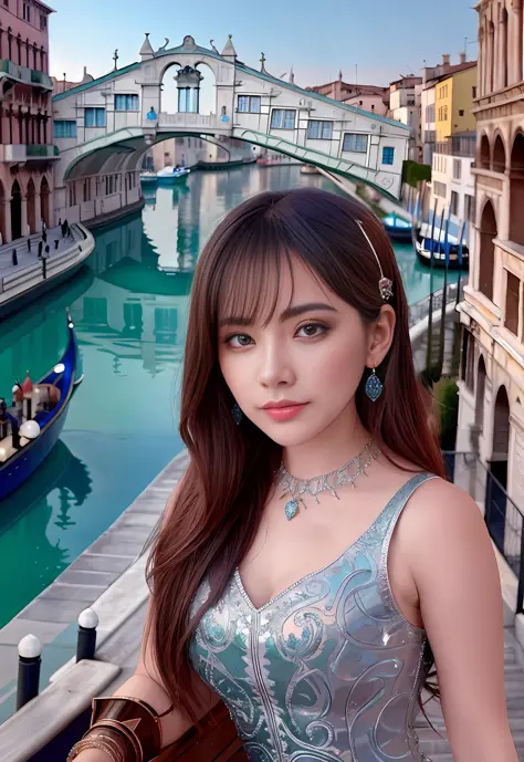 a hyper realistic ultra detailed photograph of a beautiful girl as a female 2020s dancer on the boat of 2020s Venice,(Bridge Of ...
