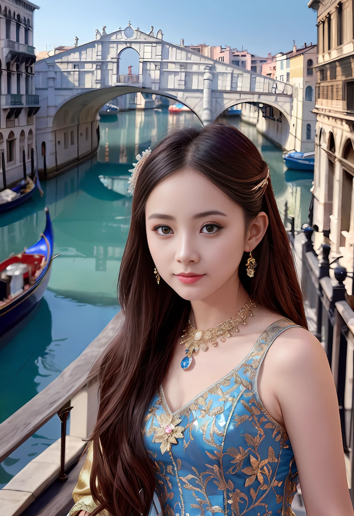 modelshoot style, (extremely detailed CG unity 8k wallpaper), full shot body photo of the most beautiful artwork in the world, stunningly beautiful photo realistic cute women, a hyper realistic ultra detailed photograph of a beautiful girl as a female 2020s dancer on the boat of 2020s Venice,(Bridge Of Sighs background),(princess eyes,shiny pupils), detailed symmetric beautiful hazel eyes, detailed gorgeous face,highly detailed, vibrant,professional majestic oil painting by Ed Blinkey, Atey Ghailan, Studio Ghibli, by Jeremy Mann, Greg Manchess, Antonio Moro, trending on ArtStation, trending on CGSociety, Intricate, High Detail, Sharp focus, dramatic, photorealistic painting art by midjourney and greg rutkowski