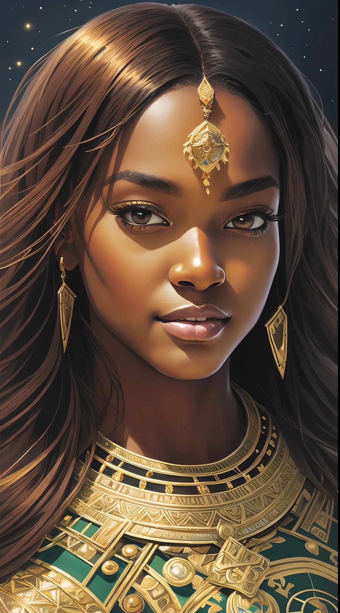 ความเมตตา overwatch, ภาพที่สวยงามของเจ้าหญิงแอฟริกันผิวดำที่งดงาม, เจ้าหญิงสีดำที่สวยงาม, ใบหน้ารูปทรงกลม, จมูกปุ่มกลม, ผิวกระจกสีดำเรืองแสง, ดวงตาสีน้ำตาลแดงประกายแวววาว, ไฮไลต์ผมยาวตรงสีน้ำตาลเกาลัด, adorned in ซับซ้อน golden jewelry, ยิ้มครึ่งมั่นใจ, ยิ้มแย้มแจ่มใส, ไม่มีการวาดภาพใบหน้า, แสงที่คมชัดอย่างน่าทึ่ง, ซับซ้อน, ป่า, ความงามที่แปลกใหม่, มีรายละเอียดสูง, การวาดภาพดิจิตอล, อาร์ตสเตชั่น, แนวคิดศิลปะ, เรียบ, โฟกัสคมชัด, ภาพประกอบ, งานศิลปะโดย Artgerm และ Gregor Rutkowski และ Alphonse Mucha, ภาพจากกล้องอวกาศ