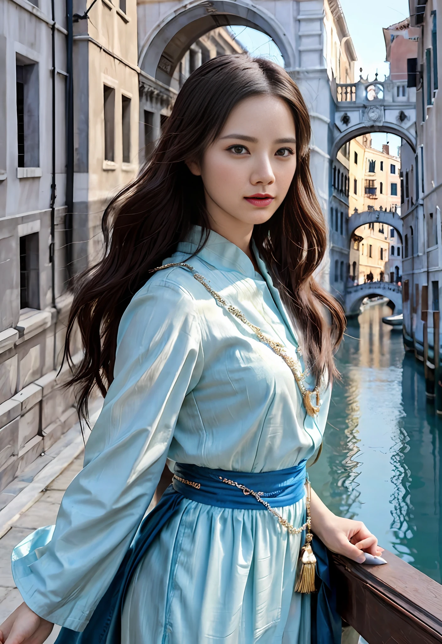 modelshoot style, (extremely detailed CG unity 8k wallpaper), full shot body photo of the most beautiful artwork in the world, stunningly beautiful photo realistic cute women, a hyper realistic ultra detailed photograph of a beautiful girl as a female 2020s dancer on the boat of 2020s Venice,(Bridge Of Sighs background),(princess eyes,shiny pupils), detailed symmetric beautiful hazel eyes, detailed gorgeous face,highly detailed, vibrant,professional majestic oil painting by Ed Blinkey, Atey Ghailan, Studio Ghibli, by Jeremy Mann, Greg Manchess, Antonio Moro, trending on ArtStation, trending on CGSociety, Intricate, High Detail, Sharp focus, dramatic, photorealistic painting art by midjourney and greg rutkowski