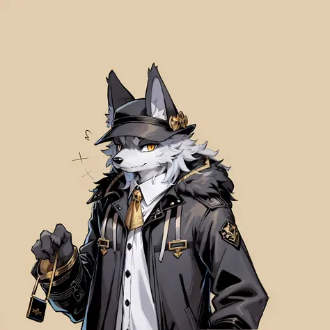 single, furry, furry, dark gray fur, golden eyes, trench coat, top hat, fluffy fur