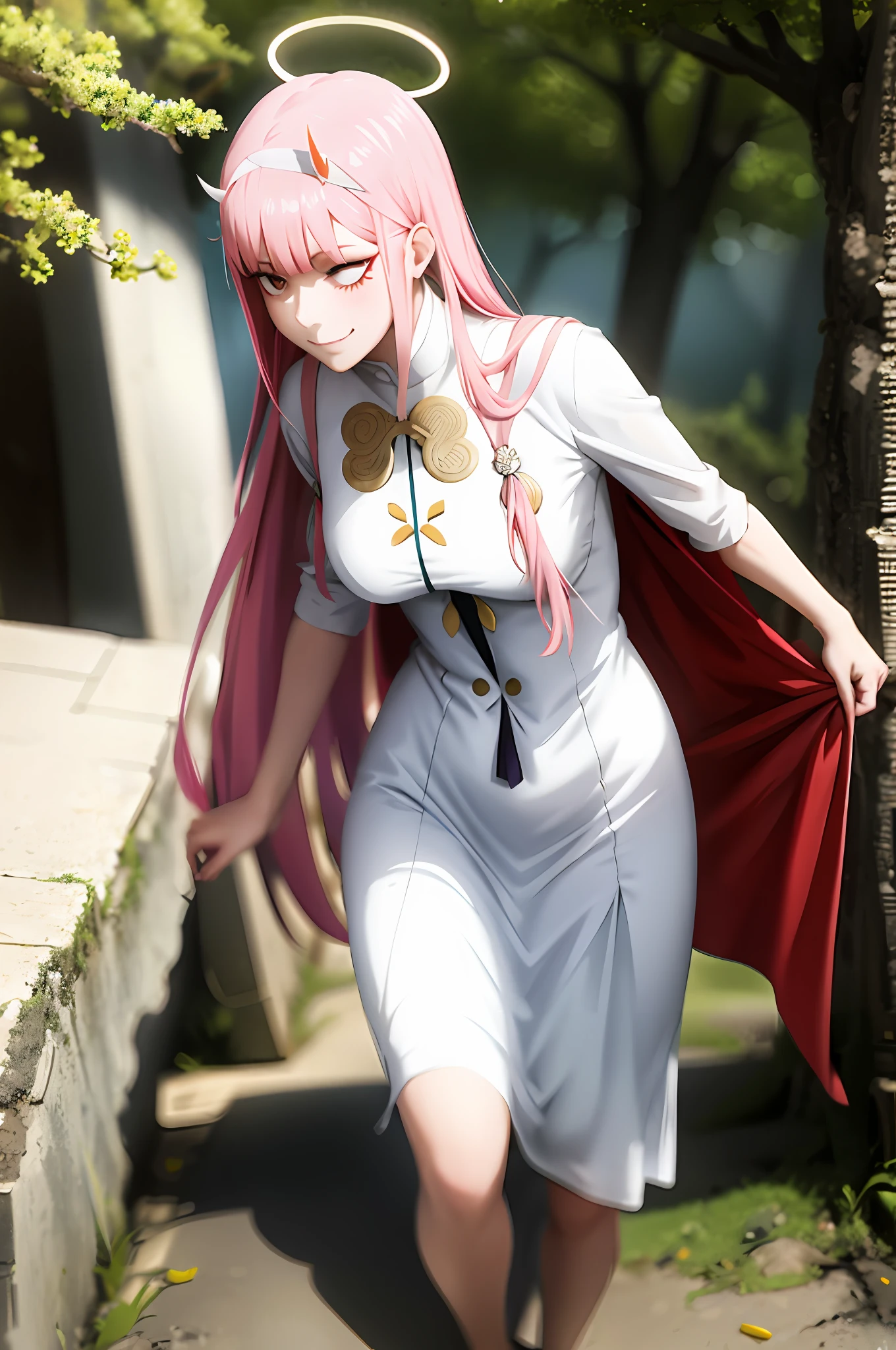 long dress, oni girl, zero two, white dress, white dress, angel halo, rainbow halo, full body, portrait, medium breast, walking, forest, coat, vest, buttlern long skirt, Victorian fabrics, smile ,happy