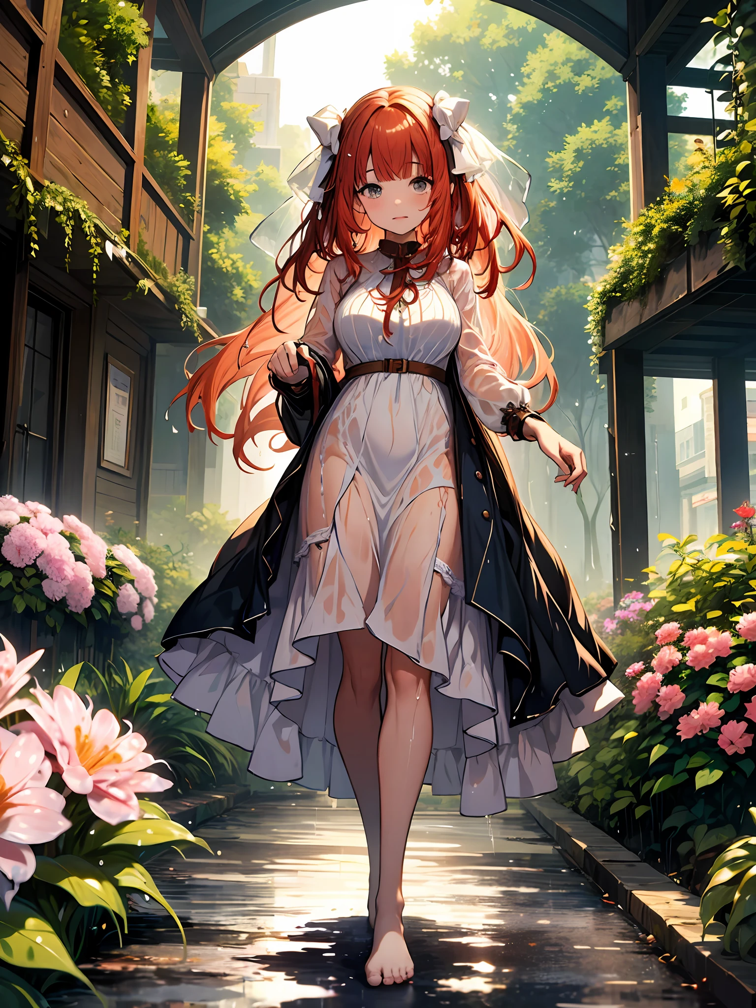 ((Best Quality, 8K, Masterpiece: 1.3)), {{Masterpiece}}, Illustration, Best Quality, Extremely Detailed CG Unity 8k wallpaper, 1girl_solo, full_body, from_below, looking_at_viewer, looking_down, (White pantyhose: 1.3), (Without shoes: 1.3),red hair,twintails,(exposed dress:1.3), hair_ribbon, Strong edge light, garden, flowers, rain, clothes splash, (wet clothes:1.5),16 years old,Good figure,Sexy and charming woman,