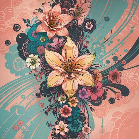abstract lily flower wallpaper, vector style, splash ink, colorful, intricate