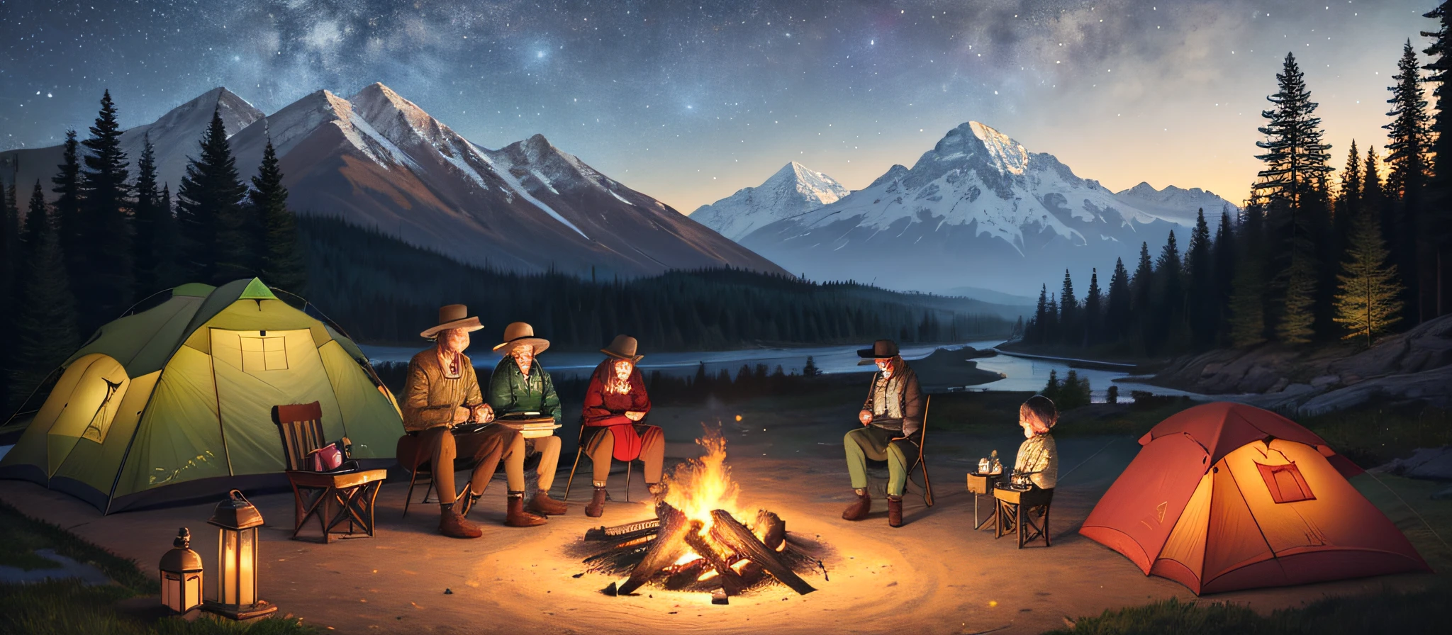 family gathered (men, women and children), 19th century, 19th century style clothes, masterpiece, best quality, ultra-detailed, illustration, outdoor, camping, night, mountains, nature, stars, moon, campfire, tent, cheerful, happy, camping stove, water bottle, mountain boots, gloves, sweater, hat, lantern, forest, stones, river, wood, smoke, shadows, contrast, clear sky, constellations, Milky Way,  Peaceful, serene,