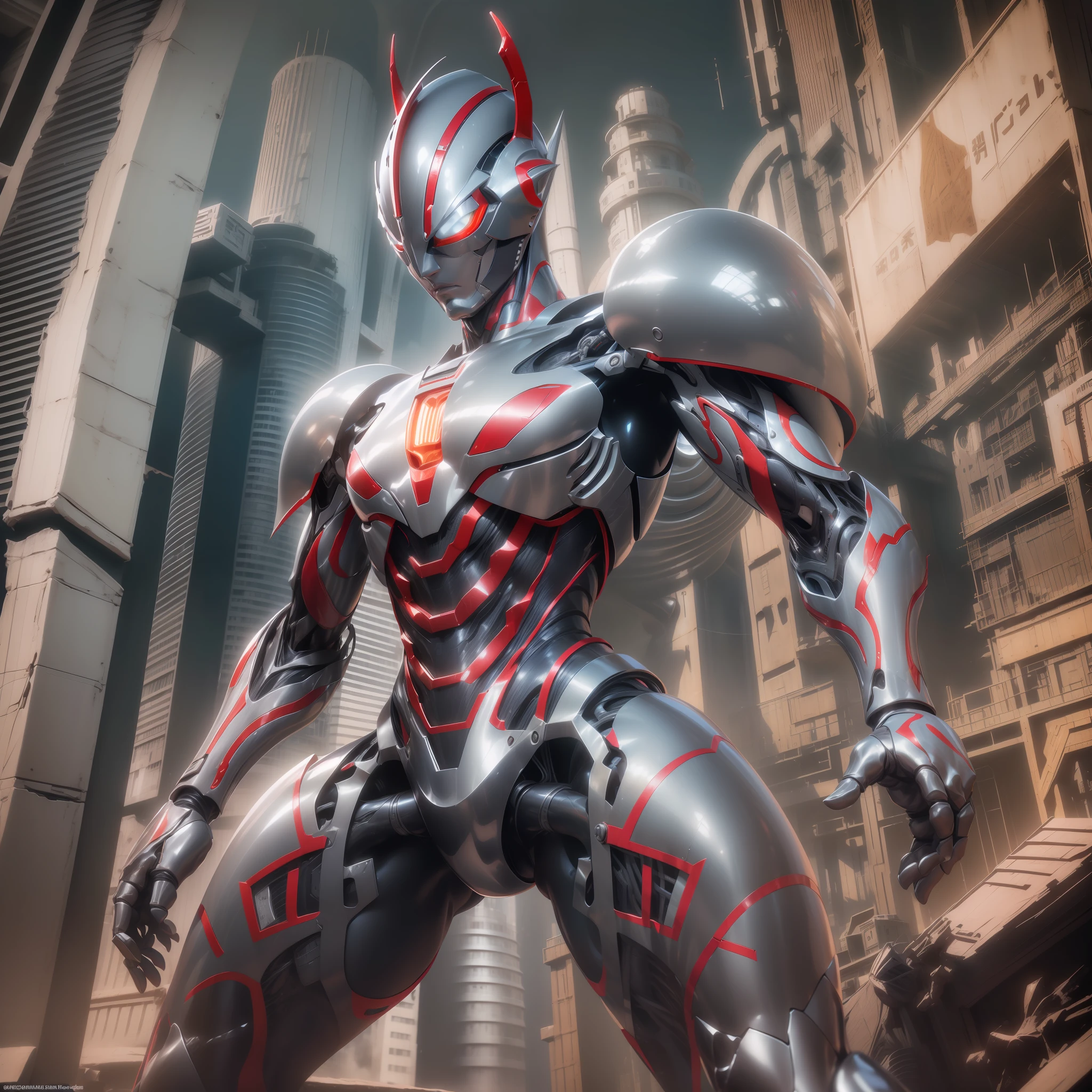 (Obra de arte, super delicado, alta resolução), foco masculino, (((Mobile Ultraman))), (((mecha))), (Sua cabeça é afilada, seu corpo é feito de vermelho e prata, seus braços são mecanizados, seu corpo apresenta uma forte sensação mecânica, existem linhas divisórias óbvias entre as partes, fazendo com que tudo pareça muito complexo, a forma geral é complexa e mecanizada), (((Postura montada))), posar para fotos, maior ângulo, noite escura, ruínas da cidade, detalhes do plano de fundo, (((todo o corpo))), (((sensação de gigantismo))