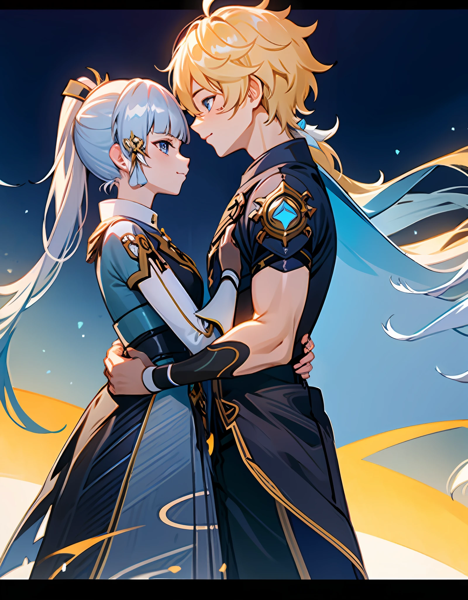 anime couple, aether and ayaka kissing, soft kiss, 1boy 1girl, cute, loving, peck, detailed faces, detailed hair, masterpiece, best quality, aether yellow hair\(genshin impact\), kamisato_ayaka, arm guards, armored dress, breastplate, ayaka hair ornament,cowboy shot,ponytail, blunt bangs,blue eyes, smile, closed mouth, eyebrows visible through hair, long hair, silver hair, medium bust