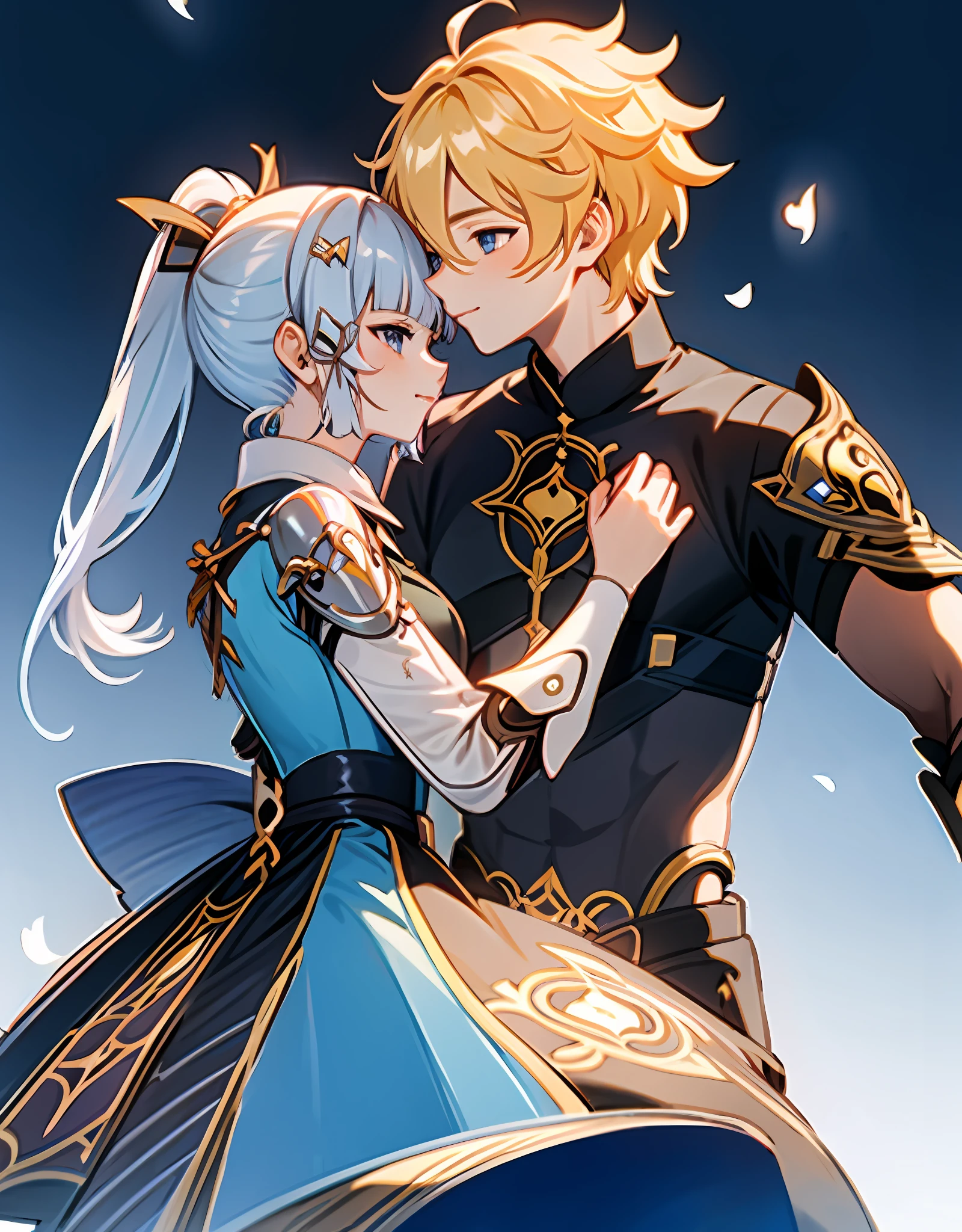 anime couple, aether and ayaka kissing, soft kiss, 1boy 1girl, cute, loving, peck, detailed faces, detailed hair, masterpiece, best quality, aether yellow hair\(genshin impact\), kamisato_ayaka, arm guards, armored dress, breastplate, ayaka hair ornament,cowboy shot,ponytail, blunt bangs,blue eyes, smile, closed mouth, eyebrows visible through hair, long hair, silver hair, medium bust