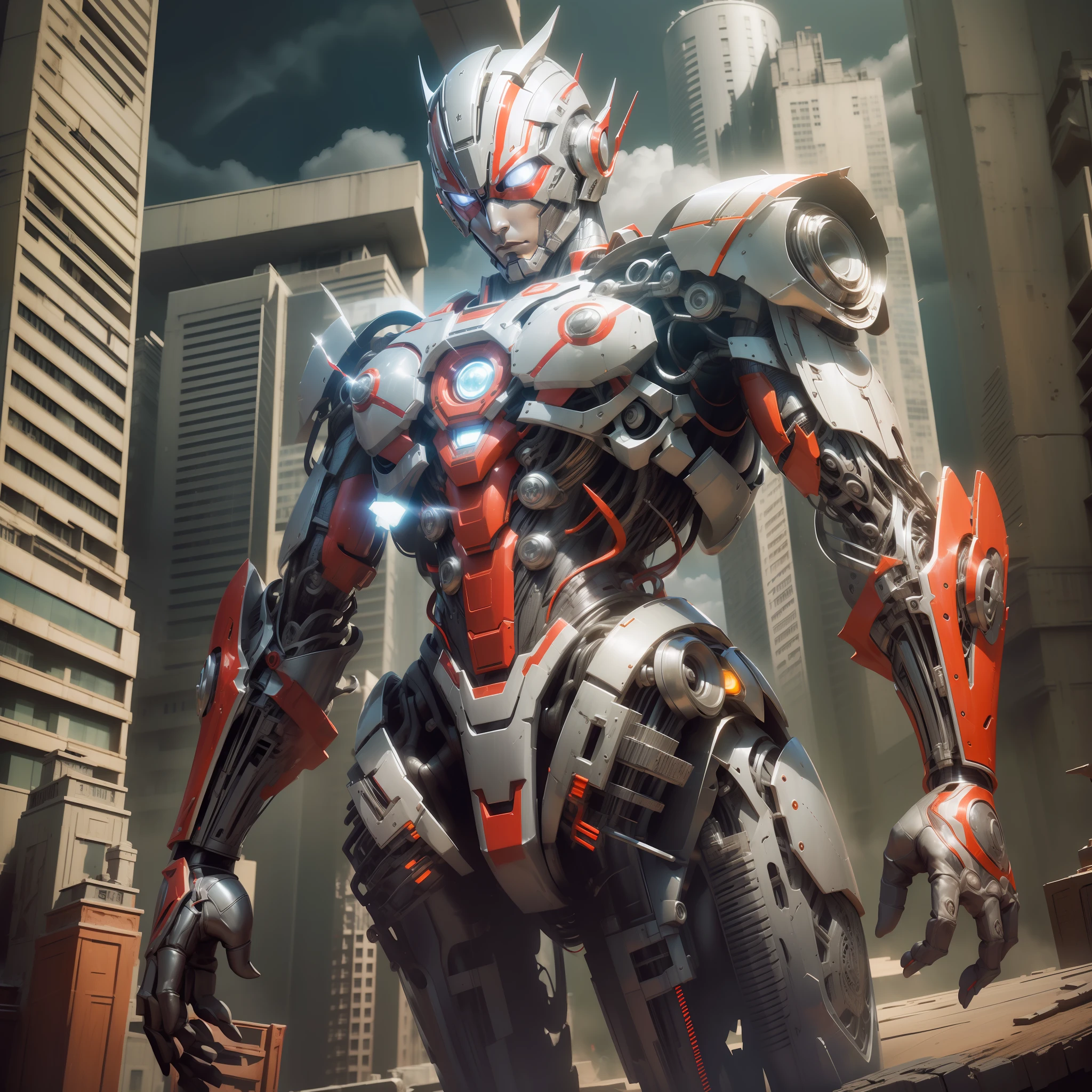 (masterpiece, super-delicate, high resolution), male focus, (((Mobile Ultraman))), (((Mecha))), (his head is tapered, his body is made of red and silver, his arms are mechanized, his body presents a strong mechanical feeling, there are obvious dividing lines between the parts, making the whole look very complex, the overall shape is complex and mechanized), (((Straddle posture))), pose for photos, high angle, dark night, city ruins, Background details, (((whole body))), ((((sense of greatness))), (((solo)))