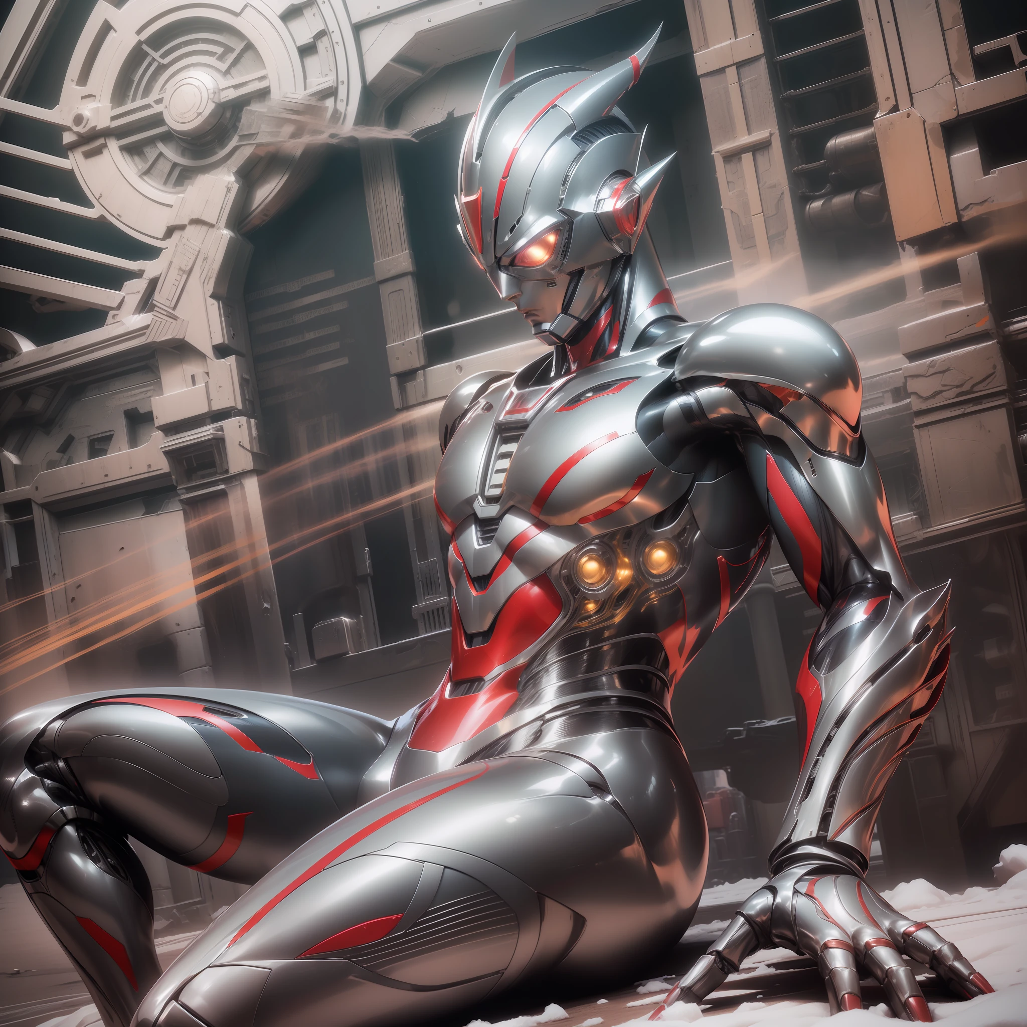 (masterpiece, super-delicate, high resolution), male focus, (((Mobile Ultraman))), (((Mecha))), (his head is tapered, his body is made of red and silver, his arms are mechanized, his body presents a strong mechanical feeling, there are obvious dividing lines between the parts, making the whole look very complex, the overall shape is complex and mechanized), (((Straddle posture))), pose for photos, high angle, dark night, city ruins, Background details, (((whole body))), ((((sense of greatness))), (((solo)))