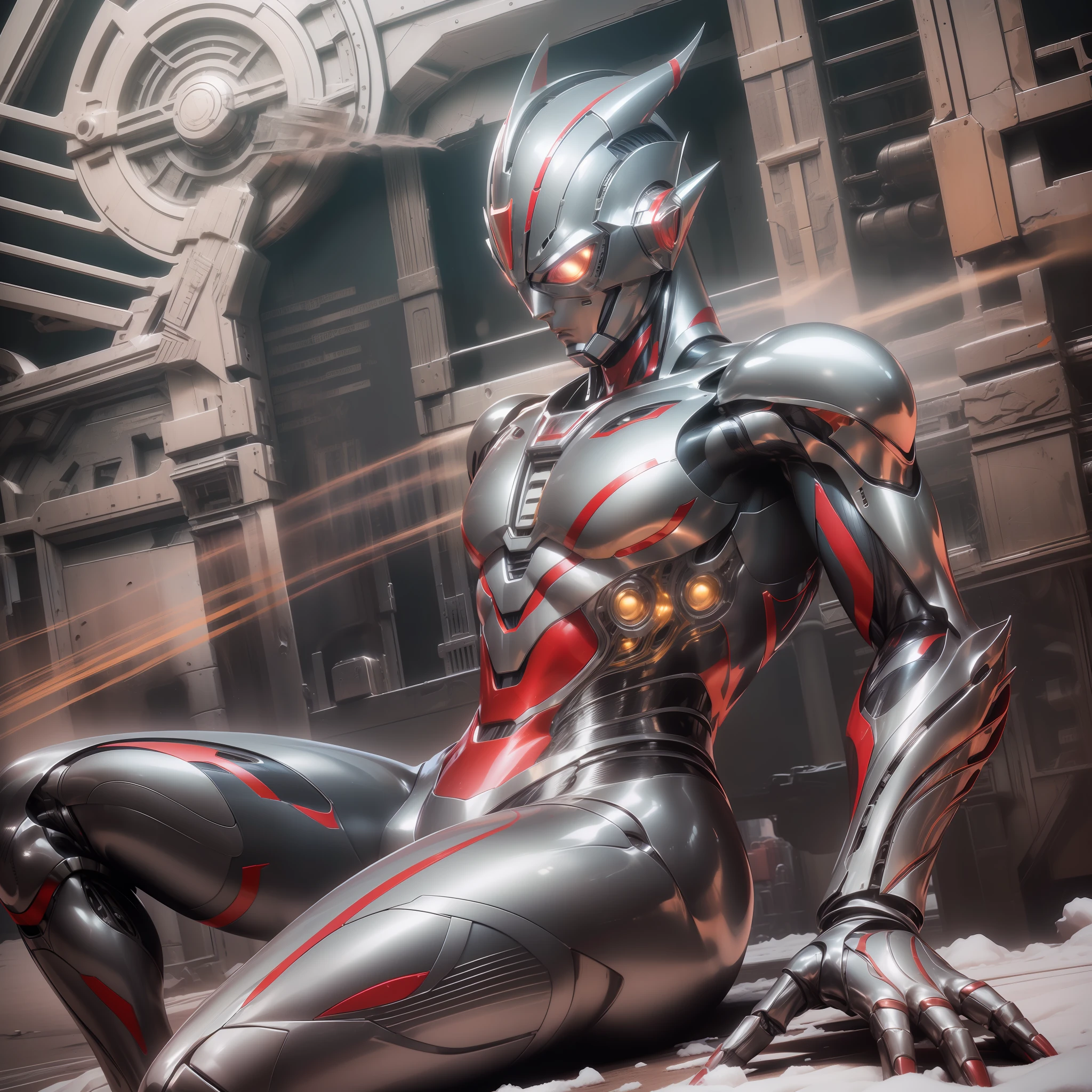 (Meisterwerk, super-zart, hohe Auflösung), männlicher Fokus, (((Mobiler Ultraman))), (((Mecha))), (Sein Kopf ist spitz zulaufend, sein Körper besteht aus Rot und Silber, seine Arme sind mechanisiert, sein Körper zeigt ein starkes mechanisches Gefühl, Es gibt klare Trennlinien zwischen den Teilen, wodurch das Ganze sehr komplex aussieht, die Gesamtform ist komplex und mechanisiert), (((Grätschhaltung))), Posieren für Fotos, hoher Winkel, dunkle Nacht, Ruinen der Stadt, Hintergrundinformationen, (((ganzer Körper))), ((((Gefühl der Größe))), (((Allein)))