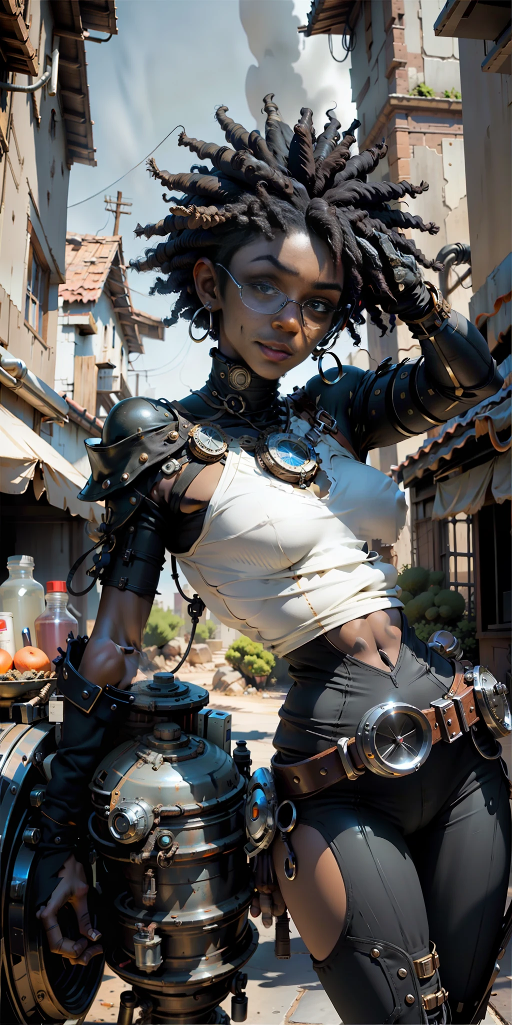 obra maestra, mejor calidad, Una mujer negra de piel oscura con una tela transparente, en una calle desierta por la noche, corte de pelo afro asimétrico, mostrando el vientre, leve sonrisa, (estilo steampunk), contratación ultra loca, detalles extremadamente intrincados, dental gap, culo redondo hdr, iluminación natural, sombreado volumétrico, pose dinámica, Híper realista, Iluminación realista, sombras dramáticas, Enfoque rígido, alto contraste,  sombras dramáticas of dramatic perspective