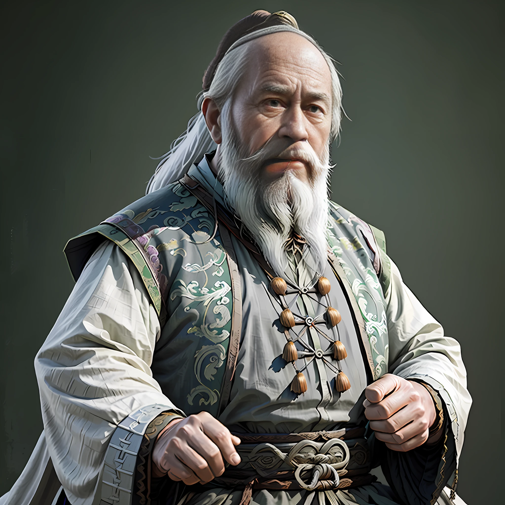 Masterpiece, high quality, 8k, green screen background, old man, front face, Chinese old man, kind, real face, plain clothes, Qing dynasty clothing, long beard, thick beard, gray clothes, white beard, (long beard)), bust photo, Qing dynasty clothes, front face