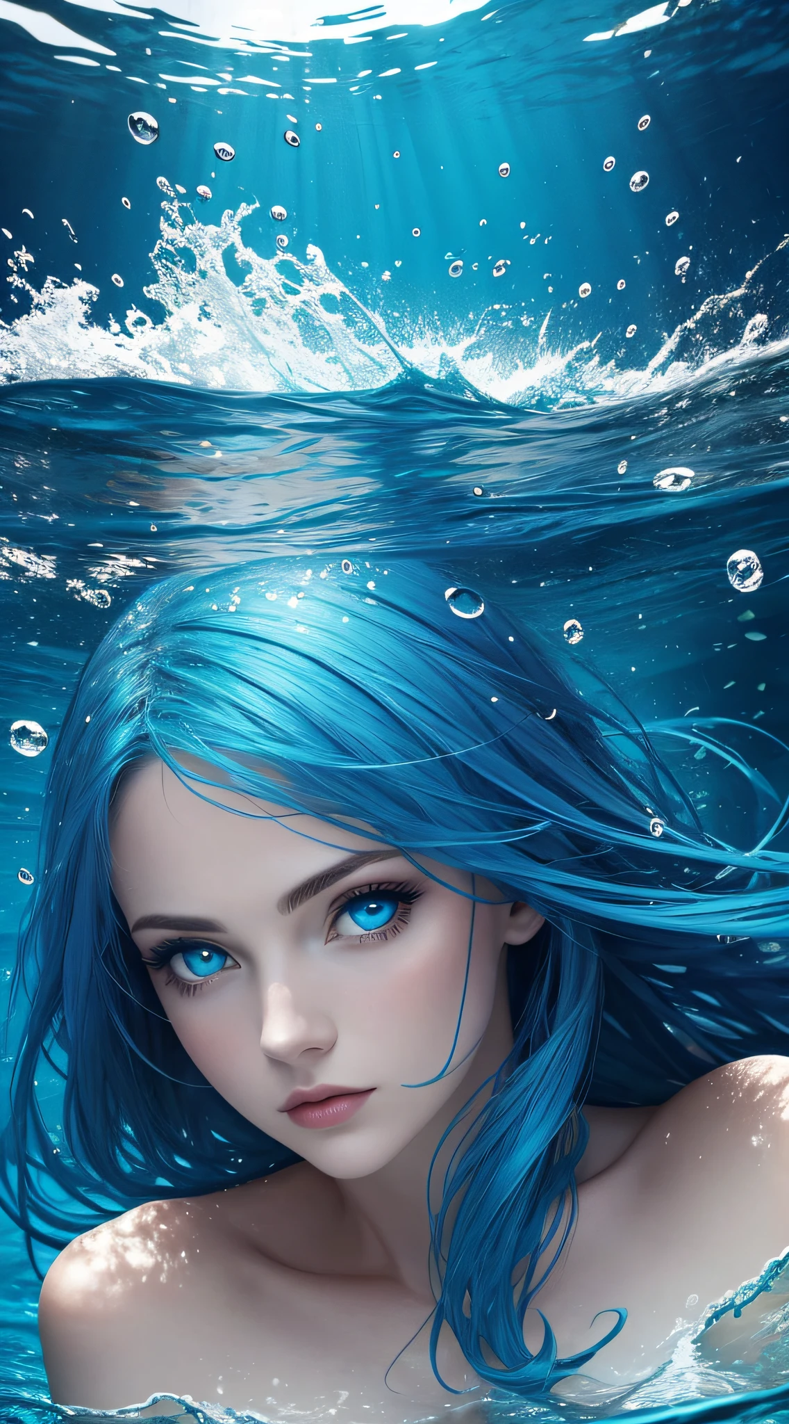 Under water scene, amazing woman, blue hair, blue eyes,