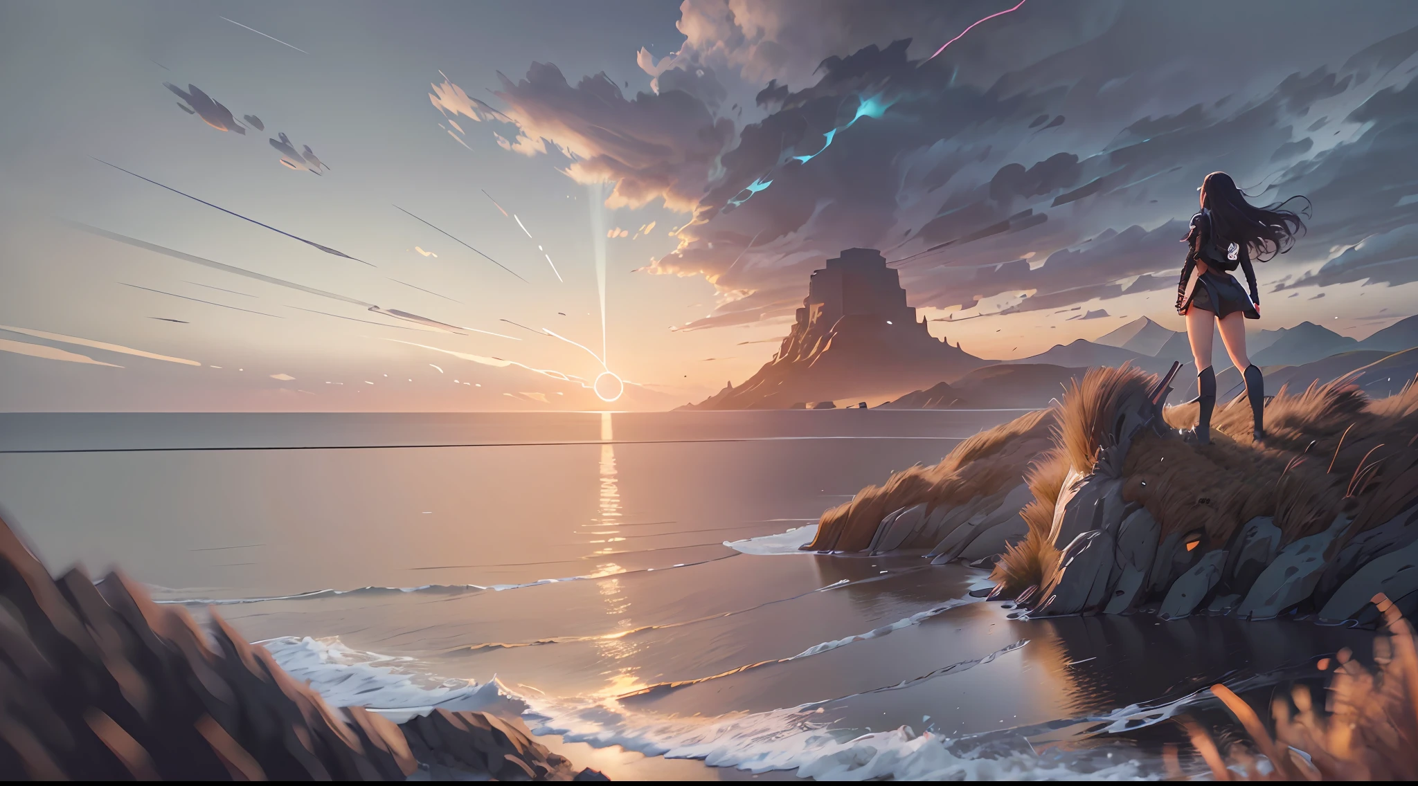 Command: ``/create prompt:a girl standing on a hill  at sunset , dawn over a body of water with a sea in the background, video art, a matte painting, cinematic landscape model:Real`` --auto --s2