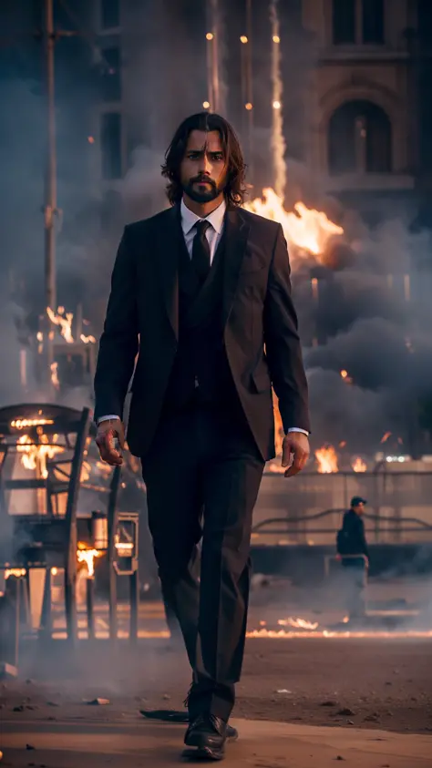 cine still action portrait, a stylish man walking away from a blast, fire and dust, photorealistic, ultra realistic, shot on Can...