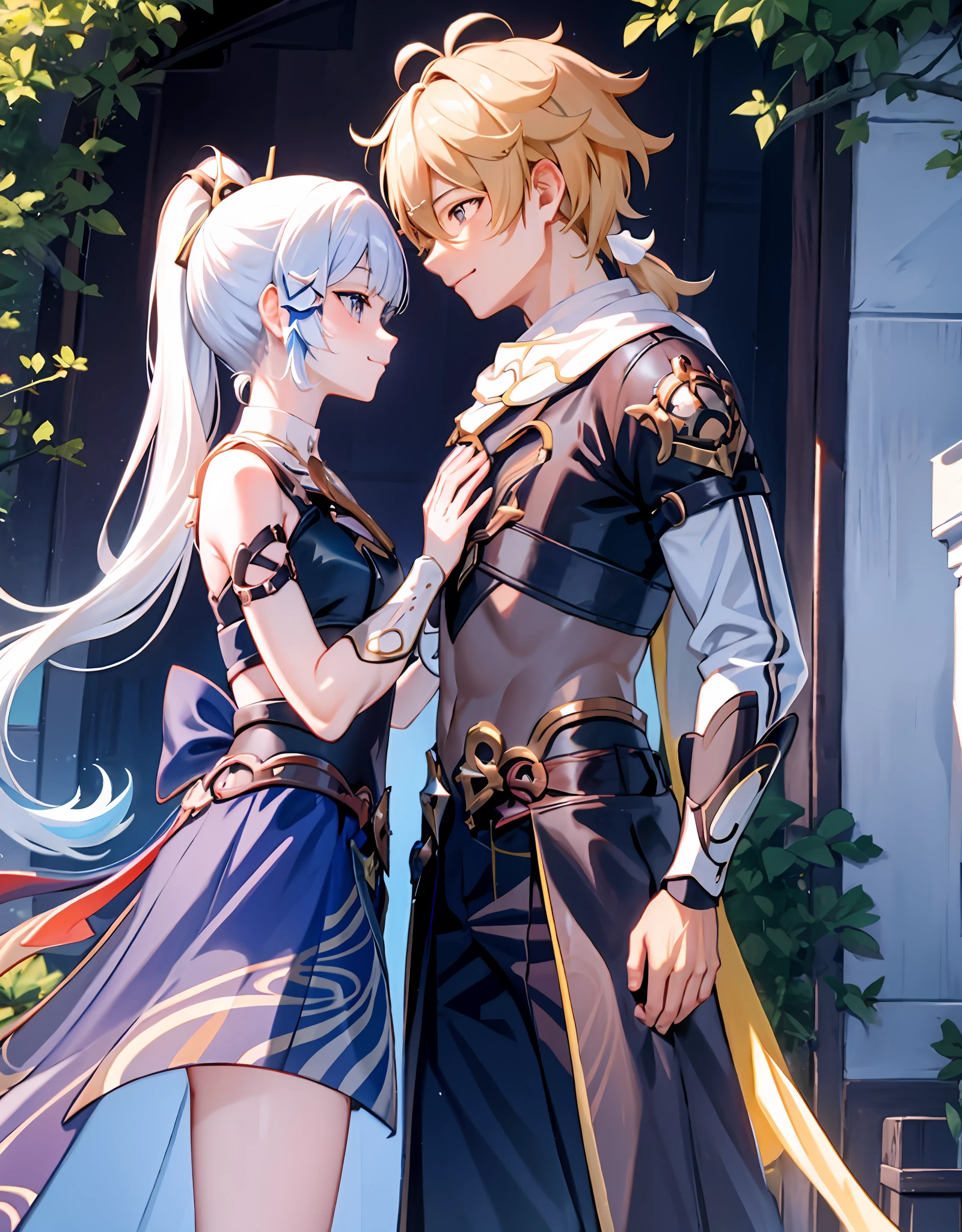 anime couple, aether and ayaka kissing, soft kiss, 1boy 1girl, cute, loving, peck, detailed faces, detailed hair, masterpiece, best quality, aether yellow hair\(genshin impact\), kamisato_ayaka, arm guards, armored dress, breastplate, ayaka hair ornament,cowboy shot,ponytail, blunt bangs,blue eyes, smile, closed mouth, eyebrows visible through hair, long hair, silver hair, medium bust