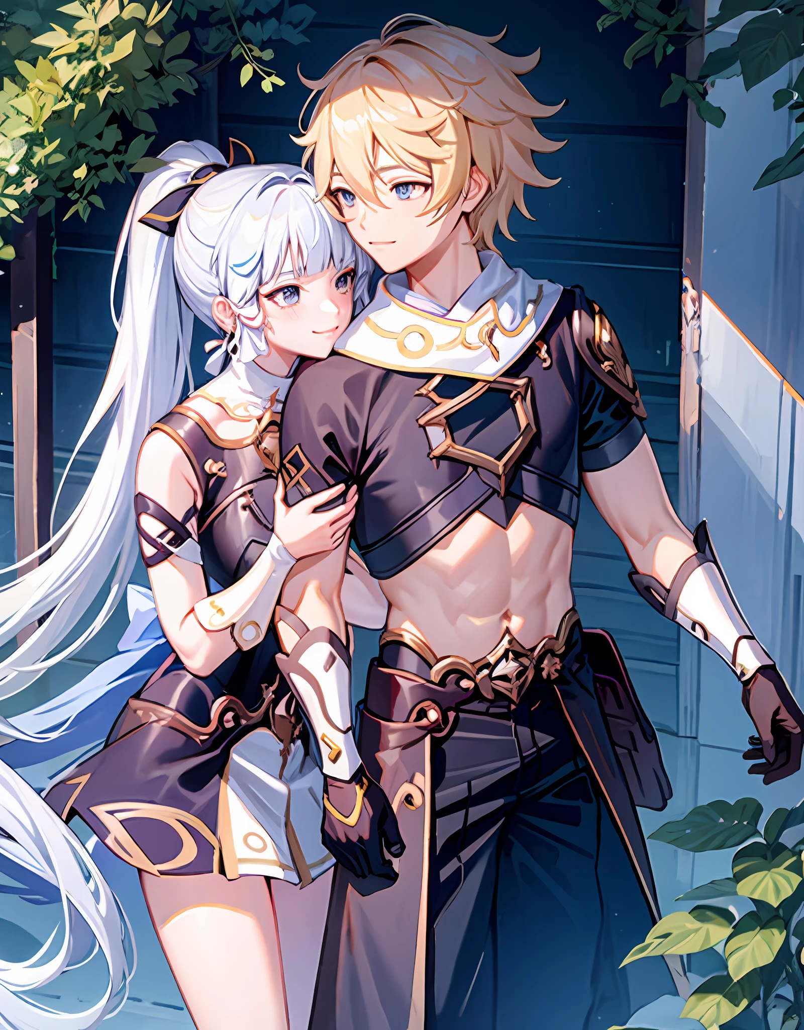 anime couple, aether and ayaka kissing, soft kiss, 1boy 1girl, cute, loving, peck, detailed faces, detailed hair, masterpiece, best quality, aether yellow hair\(genshin impact\), kamisato_ayaka, arm guards, armored dress, breastplate, ayaka hair ornament,cowboy shot,ponytail, blunt bangs,blue eyes, smile, closed mouth, eyebrows visible through hair, long hair, silver hair, big breasts