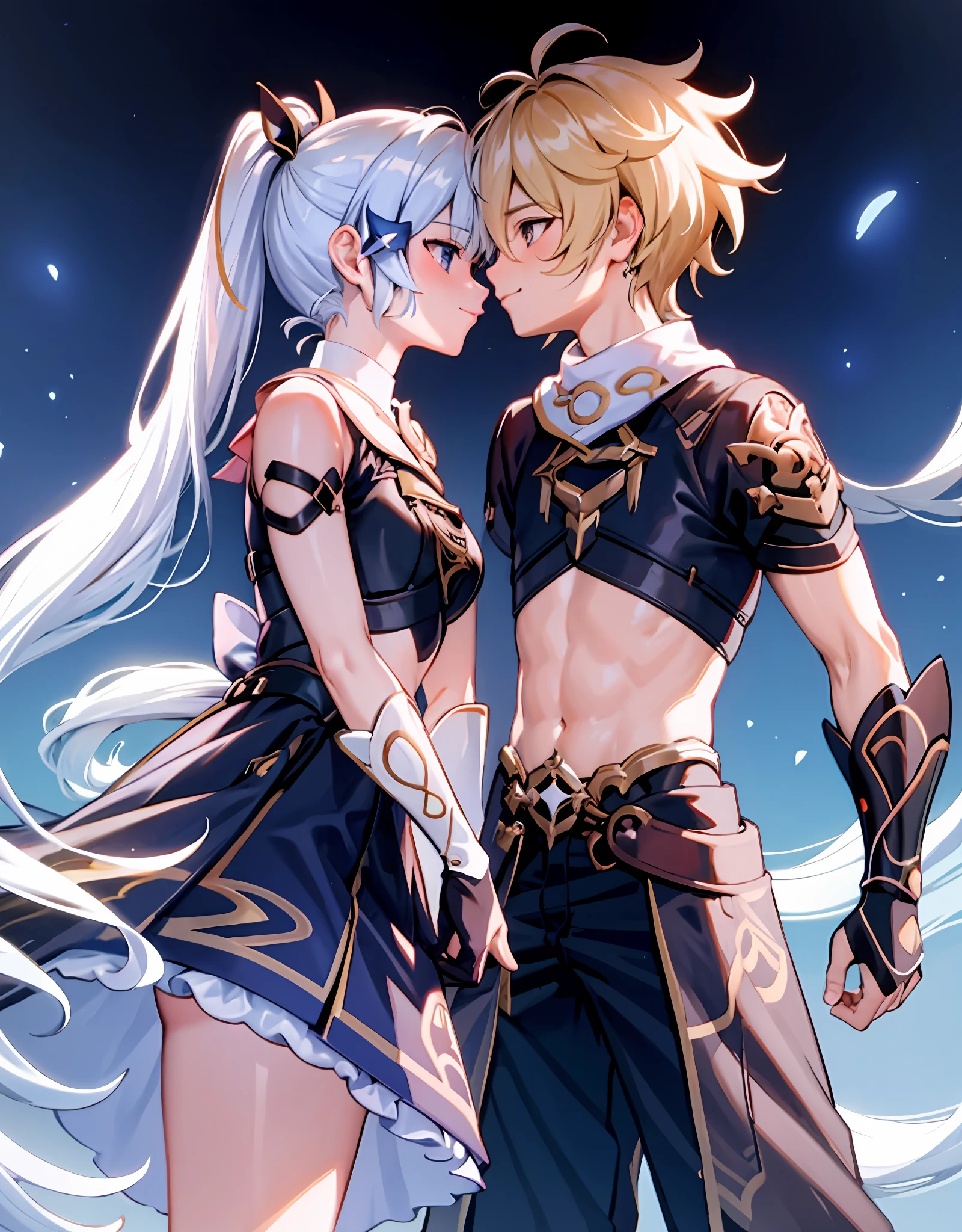 anime couple, aether and ayaka kissing, soft kiss, 1boy 1girl, cute, loving, peck, detailed faces, detailed hair, masterpiece, best quality, aether yellow hair\(genshin impact\), kamisato_ayaka, arm guards, armored dress, breastplate, ayaka hair ornament,cowboy shot,ponytail, blunt bangs,blue eyes, smile, closed mouth, eyebrows visible through hair, long hair, silver hair, big breasts