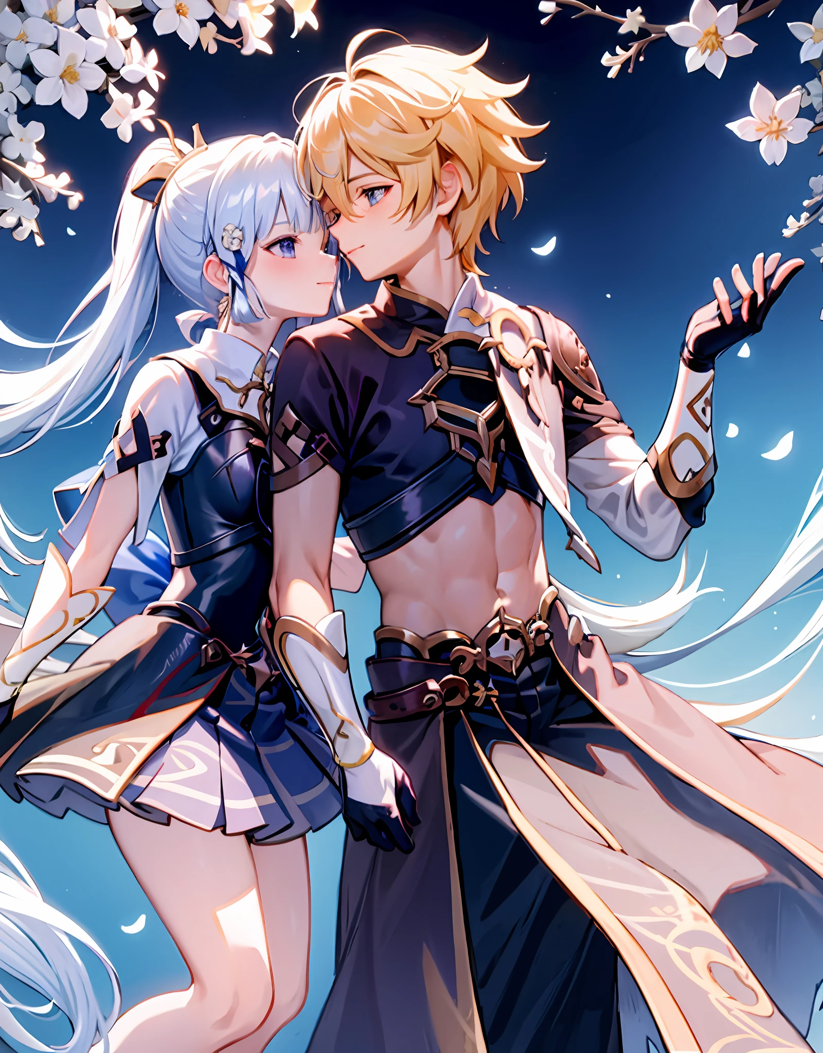 anime couple, aether and ayaka kissing, wedding, soft kiss, 1boy 1girl, cute, loving, peck, detailed faces, detailed hair, masterpiece, best quality, aether yellow hair\(genshin impact\), kamisato_ayaka, arm guards, armored dress, breastplate, ayaka hair ornament,cowboy shot,ponytail, blunt bangs,blue eyes, smile, closed mouth, eyebrows visible through hair, long hair, silver hair, big breasts, elegant, kiss, bouquet of flowers, high quality, highly detailed