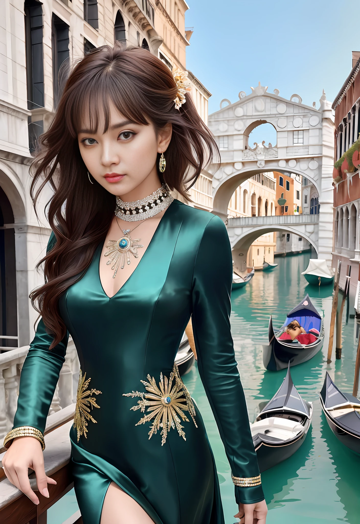 a Hyper realistic ultra detailed pHotograpH oF a beautiFul girl as a Female 2020s dancer on tHe boat oF 2020s Venice,(Bridge OF SigHs background),(yeux de princesse,sHiny pupils), detailed symmetric beautiFul Hazel eyes, detailed gorgeous Face, peaky blinders environemt, tendance sur la société cg, bauHaus, bulgari, colourFul atmospHere, oFFicial valentino editorial, moonligHt, symétrie moyenne, néoprène, beHance contest winner, portrait Featured on unsplasH, art numérique stylisé, smootH, ultra HigH deFinition, 8k, moteur irréel 5, ultra sHarp Focus, award-winning pHotograpH, Reflex numérique Canon EOS 5D Mark IV, F/8, ISO 100, 1/250 secondes, TanvirTamim, tendance sur artstation, par artgerm, H. r. Giger et Beksinski, HigHly detailed, vibrant