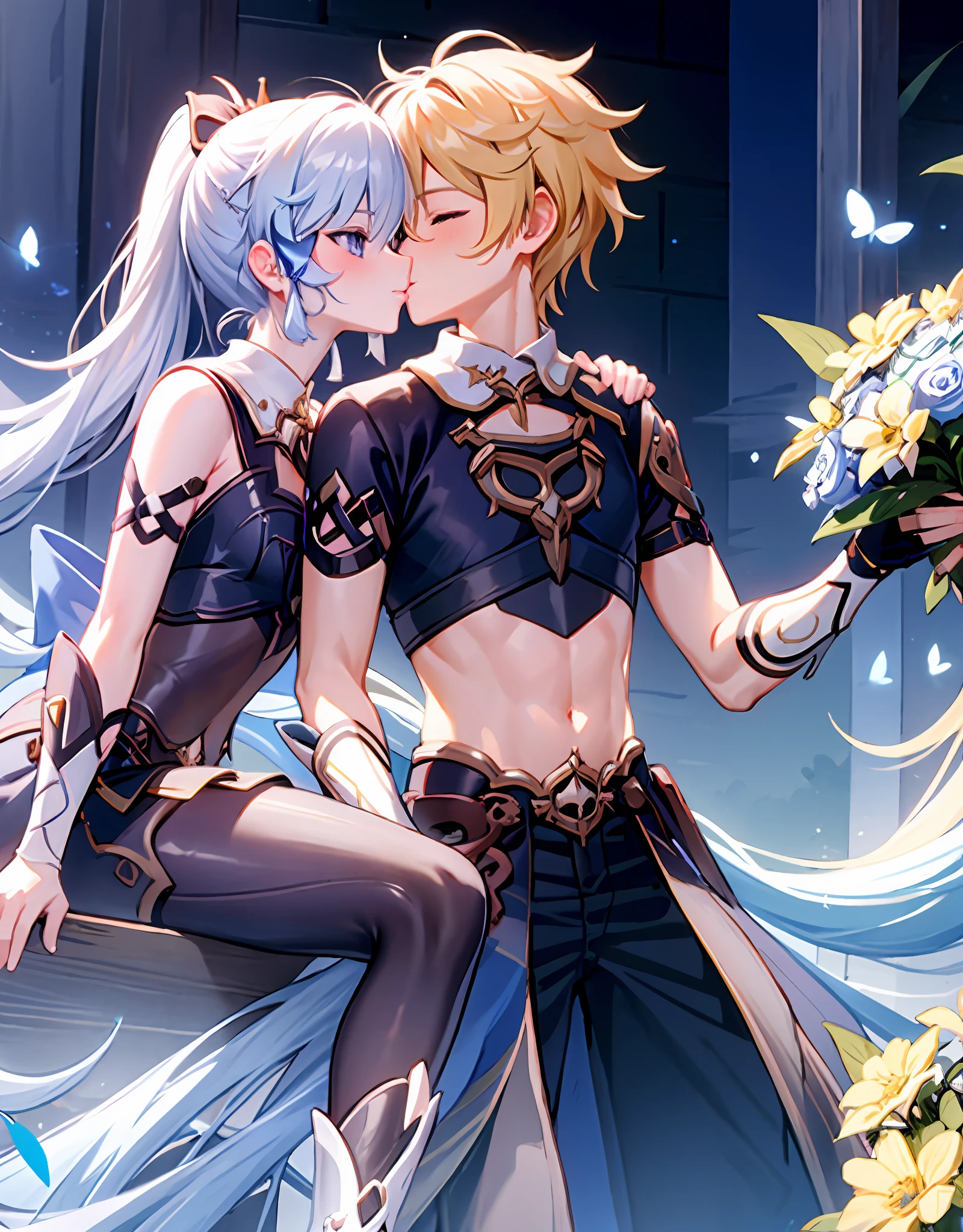 anime couple, aether and ayaka kissing, wedding, soft kiss, 1boy 1girl, cute, loving, peck, detailed faces, detailed hair, masterpiece, best quality, aether yellow hair\(genshin impact\), kamisato_ayaka, arm guards, armored dress, breastplate, ayaka hair ornament,cowboy shot,ponytail, blunt bangs,blue eyes, smile, closed mouth, eyebrows visible through hair, long hair, silver hair, big breasts, elegant, kiss, bouquet of flowers, high quality, highly detailed