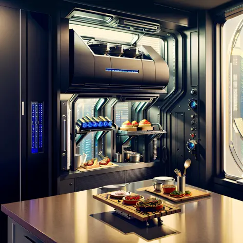 ((master piece)), Futuristic cyberpunk Kitchen, some advanced futuristic appliance and tableware, best quality, (8k, best qualit...