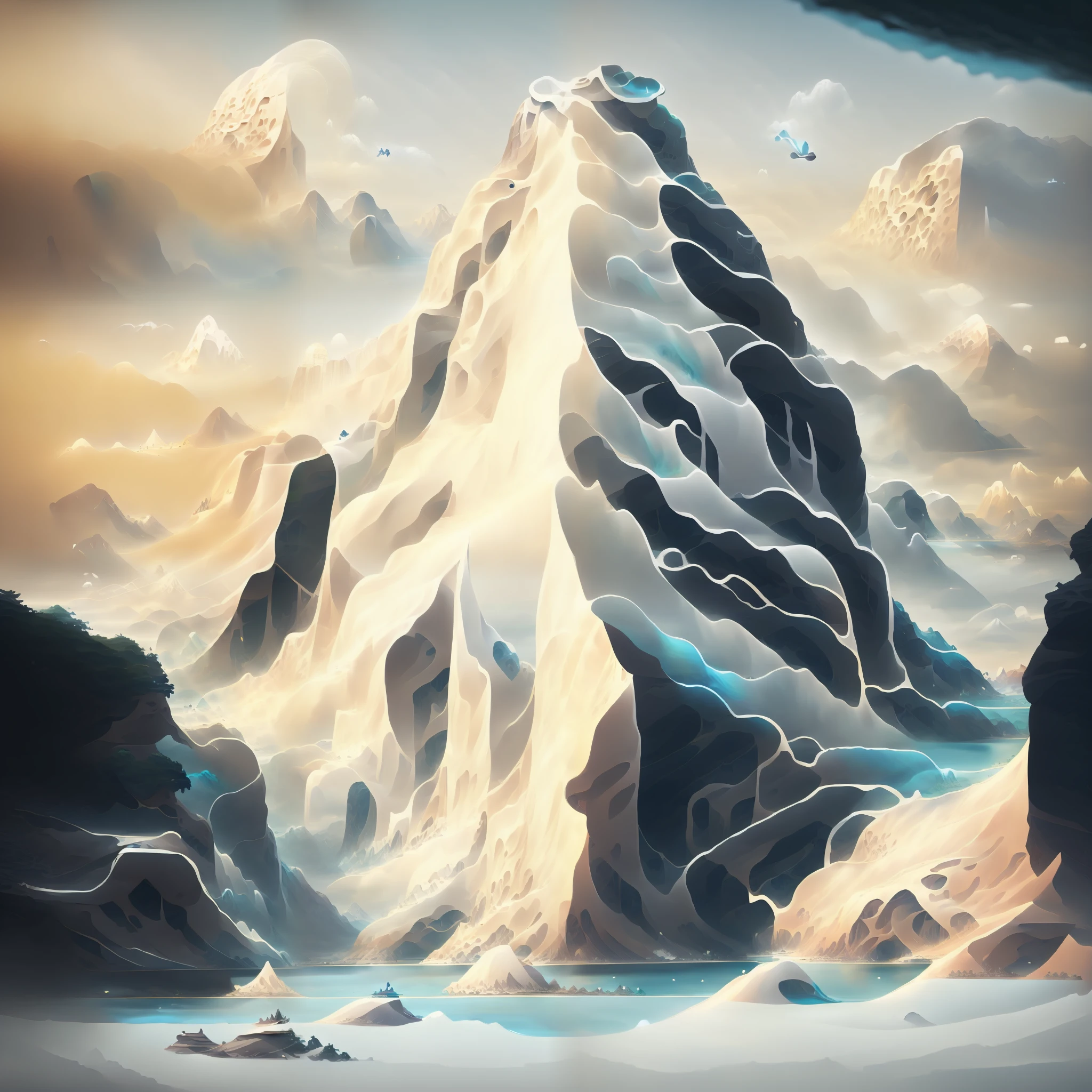 there is a digital painting of a mountain with a waterfall, symmetrical epic fantasy art, organic matte painting, most epic landscape, matte digital painting, illustration matte painting, surreal concept art, matte painting ”, matte painting”, dramatic concept art, epic fantasy digital art style, floating mountains, detailed fantasy digital art, dreamlike digital painting, fractal landscape, alien waterfall