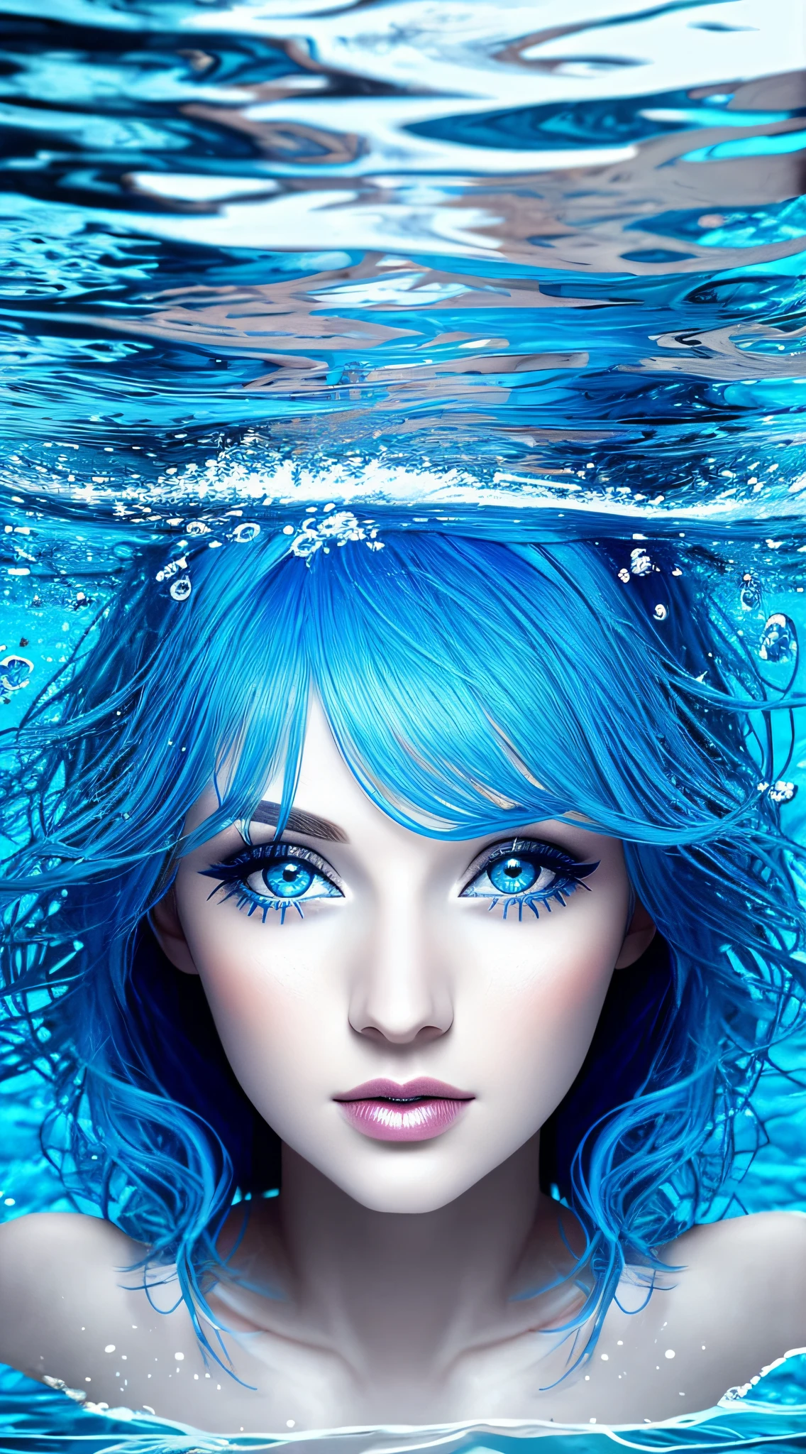 Unterwasserszene, Atemberaubende Frau, Blaue Haare, blaue Augen,