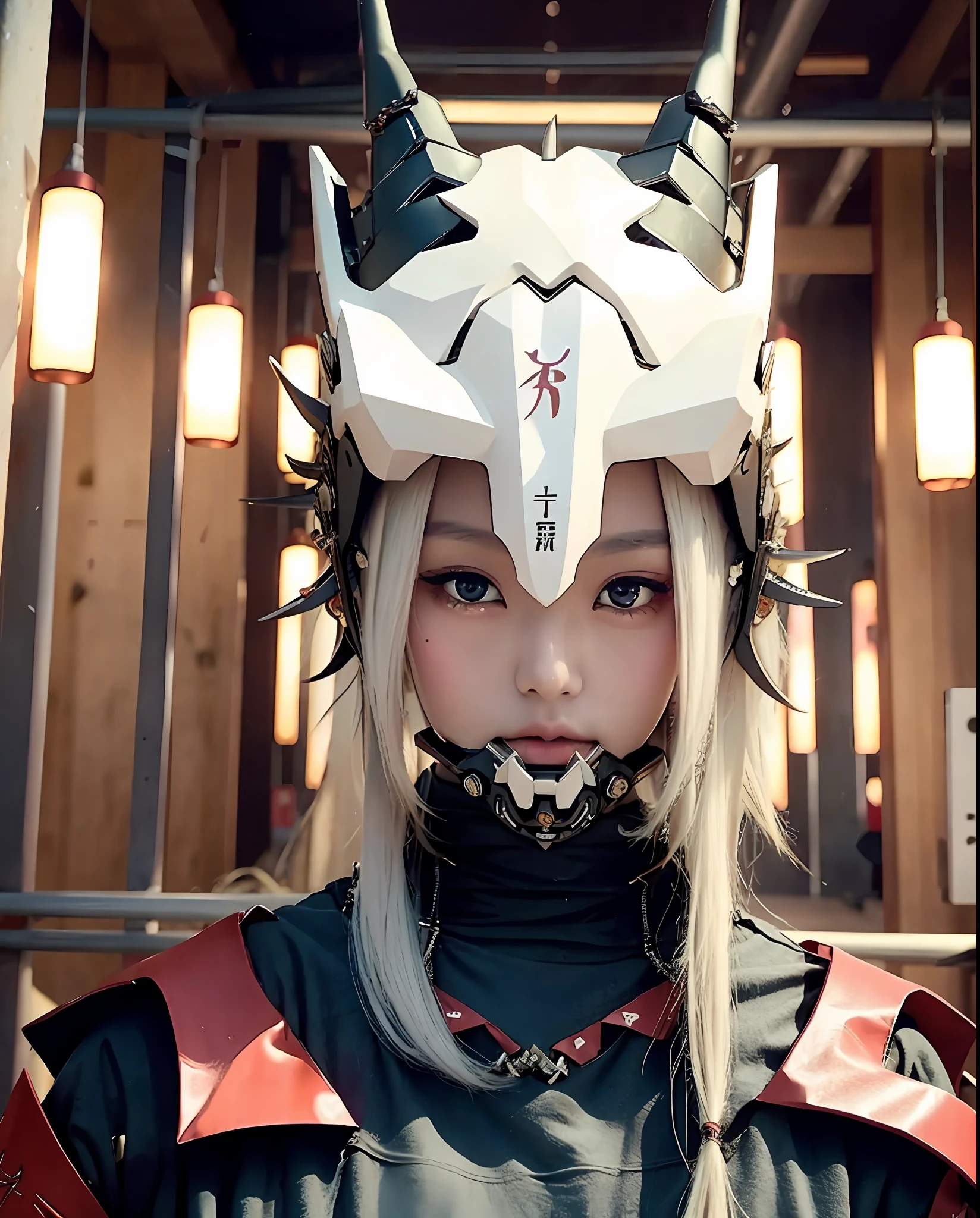 1 fille japonaise , tout le corps, Masque de dragon, pare-soleil de dragon, os de dragon, masque oni japonais, corne, magnifique, démon mask,  katana, cheveux longs argentés, nuit, sombre, lumière tamisée cyberpunk , Lunettes de protection, yeux brillants, armure rougeoyante,  torii, , brillant, brillant, masque cyberpunk, Masque méca, démon, futuriste cyberpunk, Photo analogique, 3D réaliste, superbe portrait, (fond d&#39;écran CG Unity 8k extrêmement détaillé), des plus belles œuvres d&#39;art du monde, photographie professionnelle, tendance sur artstation, tendance sur CGSociety, complexe, Détails élevés, netteté, Spectaculaire, Photoréaliste, cyberpunk, futuriste, peau pâle, Corps mince, (Peau très détaillée:1.2), 8k euh, Reflex numérique, éclairage doux, Haute qualité, grain de film, Fujifilm XT3, Visage détaillé, yeux détaillés, yeux lumineux