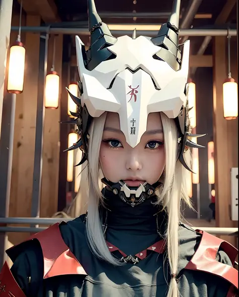 1 japanese girl , full body, dragon mask, dragon eyeshield, dragon bone, japanese oni mask, horn, beautifull, demon mask,  Katan...