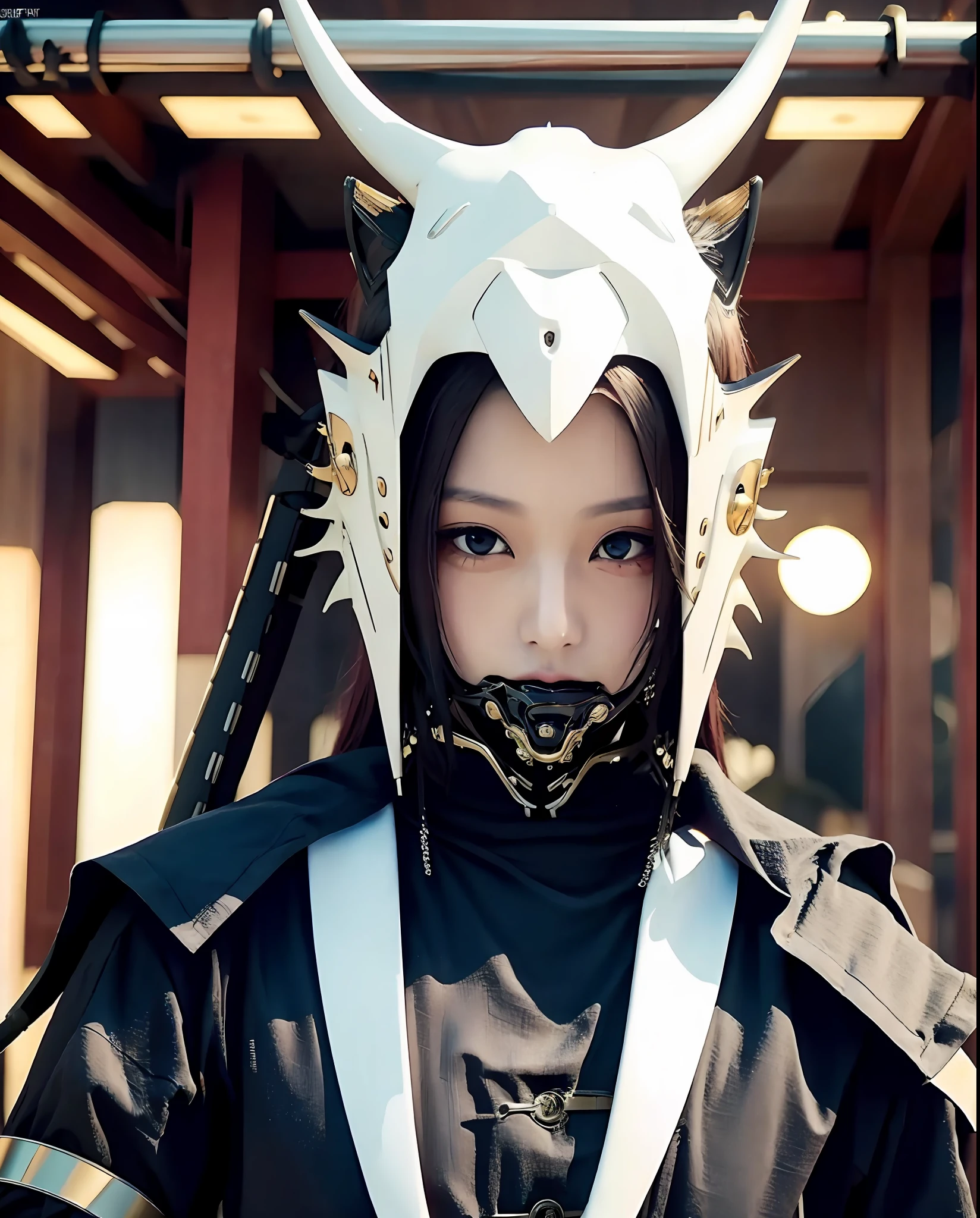 1 japanese girl , full body, dragon mask, dragon eyeshield, dragon bone, japanese oni mask, horn, beautifull, demon mask,  Katana, silver long hair, night, dark, dim light  cyberpunk , eye shield, glowing eyes, glowing armor,  Torii, , glossy, shinny, cyberpunk mask, mecha mask, demon, futuristic cyberpunk, analog photo, 3d realistic, stuning potrait, (extremely detailed CG unity 8k wallpaper), of the most beautiful artwork in the world, professional photography, trending on ArtStation, trending on CGSociety, Intricate, High Detail, Sharp focus, dramatic, photorealistic, cyberpunk, futuristic, pale skin, slim body, (high detailed skin:1.2), 8k uhd, dslr, soft lighting, high quality, film grain, Fujifilm XT3, detailed face, detailed eyes, luminous eyes