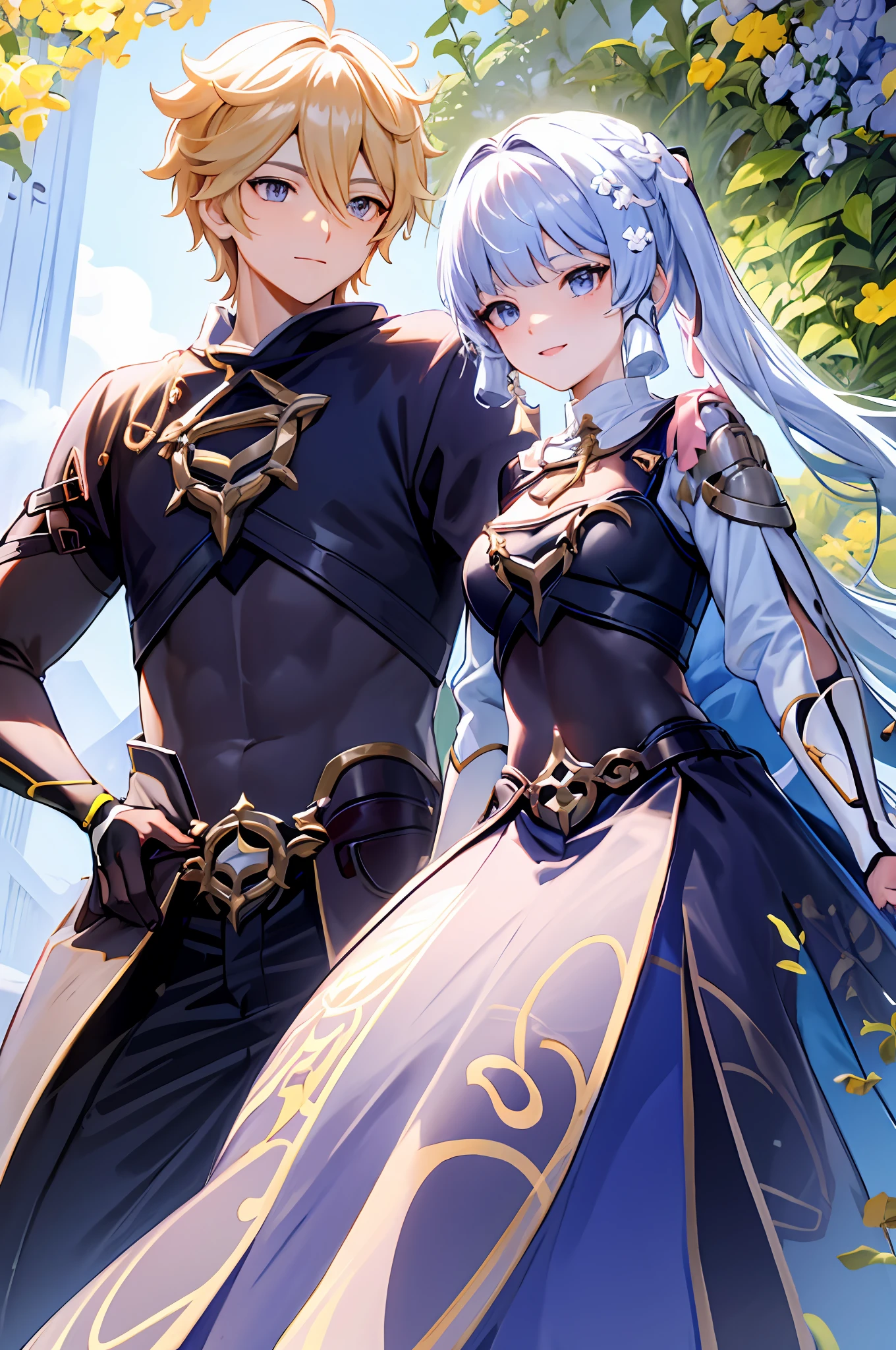 Anime-Paar, aether and Ayaka, Mann mit gelben Haaren, eine Frau mit blauen Haaren heiraten, gute Qualität, sehr detailliert, Detailliertes Gesicht, Hochzeit, heiratending, heiraten, 1 Junge 1 Mädchen, Niedlich, liebend, peck, Detailliertes Gesichts, detailliertes Haar, Meisterwerk, beste Qualität, Äthergelbe Haare\(Genshin-Einfluss\), kamisato_Ayaka (makellose Ausstrahlung) , Offizielles Kostüm, Armschützer, gepanzertes Kleid, Brustplatte, Ayaka hair ornament,Cowboy-Schuss,Pferdeschwanz, Stumpfer Pony,blaue Augen, lächeln, geschlossener Mund, Augenbrauen durch Haare sichtbar, lange Haare, silbernes Haar, große Brüste,