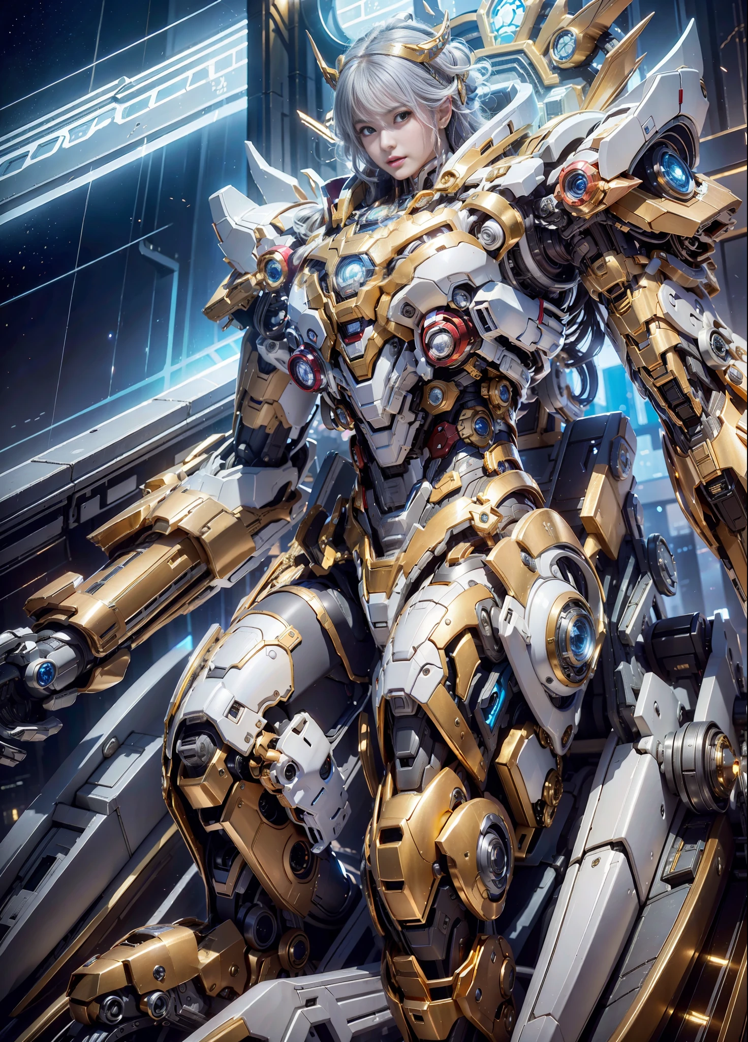 Cyberpunk style mecha Marvel Movie Iron Man Saint Seiya Kamen Rider Queen sitting on throne, ancient technology, ancient legends, white hair (white stockings: 1.5) (Throne: 1.4), sword, (mecha God of War), Egyptian style, (Saint Seiya: 1.7), Taoist symbols, (dragon pattern: 1.6), (gold thread: 1.5) ultra-realistic, Boca effect, shot in the style of David La Chapelle, bioluminescent palette: lilac, pale gold, bright white, ultra-fine, cinematic still life, vibrancy, WLOP and Sakimichan, Artgerm's style, lower chest, perfect eyes, highest image quality 16K, inspired by Harry Winston, shot on Canon EOS R 6, masterpiece, --Chaos 50, gray hair, crown, mole under the eyes, gitchem, wide angle, canon, from above, projection illustration, ray tracing, surrealism, textured skin --s2