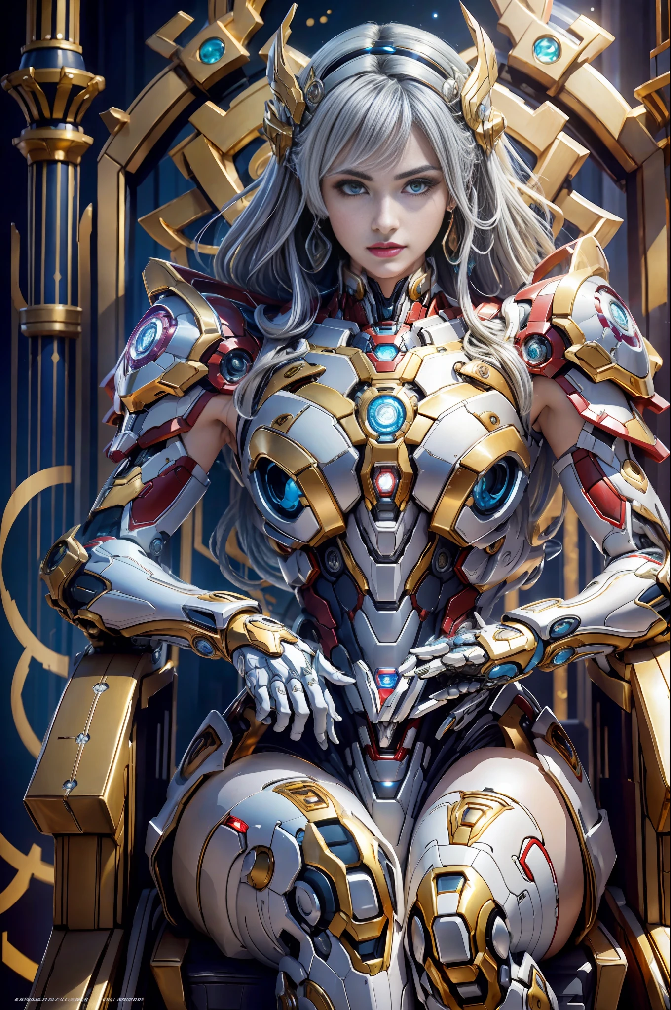 Mecha estilo cyberpunk Marvel Movie Iron Man Saint Seiya Kamen Rider Queen sentada en el trono, Tecnología antigua, Leyendas antiguas, pelo blanco (medias blancas: 1.5) (trono: 1.4), espada, (mecha God of War), Estilo egipcio, (Saint Seiya: 1.7), Símbolos taoístas, (Patrón de dragón: 1.6), (fibra de oro: 1.5) Ultrarrealista, Efecto Boca, rodada al estilo de David La Chapelle, paleta bioluminiscente: lilac, oro pálido, Blanco brillante, ultra-fine, bodegón cinematográfico, Vibrancia, Estilo de motor poco realista, sakimichan, parte inferior del pecho, ojos perfectos, máxima calidad de imagen 16K, inspirado en harry winston, Tomada con Canon EOS R 6, obra maestra, --Caos 50, pelo canoso, corona, lunar debajo de los ojos, gitchham, Gran angular, canon, desde arriba, ilustración de proyección, trazado de rayos, surrealism, piel texturizada --t2