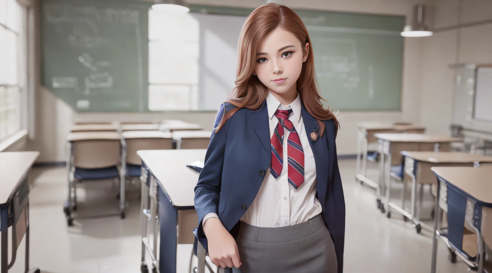 18-year-old American woman,, ((in the classroom)), ((school uniform)), RAW photo, (photorealistic: 1.37, realistic), highly detailed integrated CG 8K wallpapers, 1girl, ((perfect body: 1.1)), (medium breasts: 1.2), viewer view, (((straight from front))), (HQ skin:1.2, shiny skin), 8K UHD, DSLR, Soft Lighting, High Quality, Film Grain, Fujifilm XT3, ((Full Body: 0.8)),  (Professional Lighting:1.4), demanding smile, red hair, high school uniform