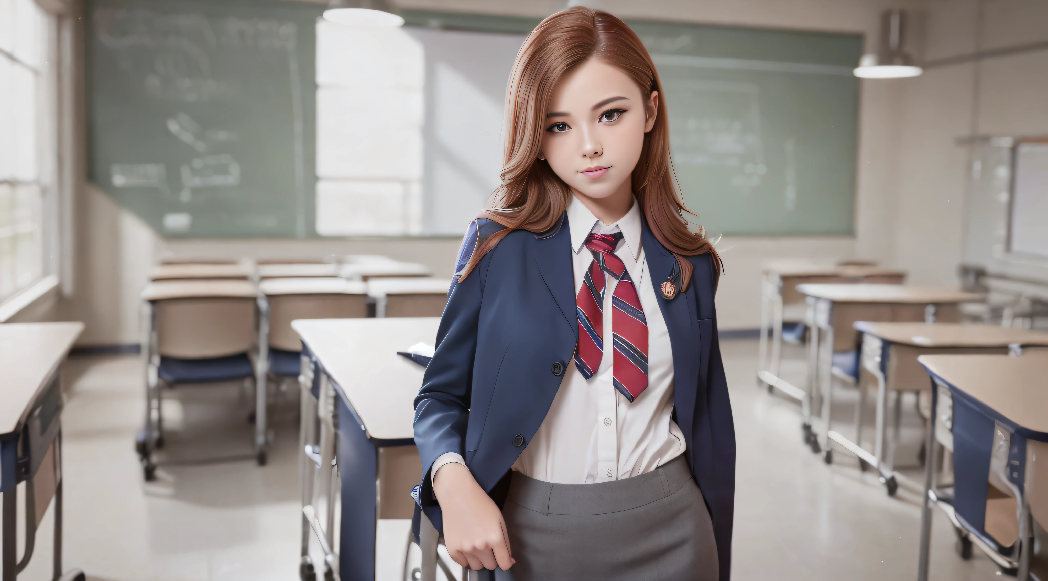 18-year-old American woman,, ((in the classroom)), ((school uniform)), RAW photo, (photorealistic: 1.37, realistic), highly detailed integrated CG 8K wallpapers, 1girl, ((perfect body: 1.1)), (medium breasts: 1.2), viewer view, (((straight from front))), (HQ skin:1.2, shiny skin), 8K UHD, DSLR, Soft Lighting, High Quality, Film Grain, Fujifilm XT3, ((Full Body: 0.8)),  (Professional Lighting:1.4), demanding smile, red hair, high school uniform